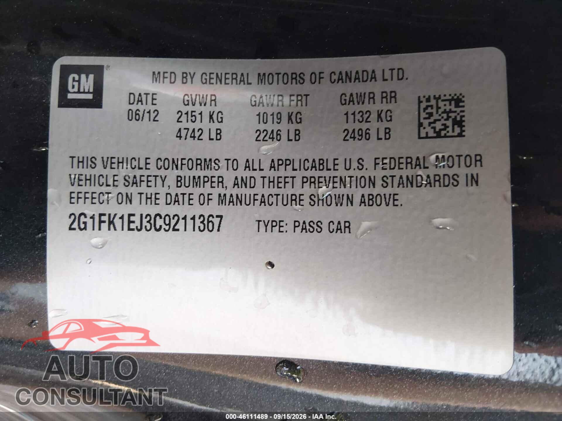 CHEVROLET CAMARO 2012 - 2G1FK1EJ3C9211367