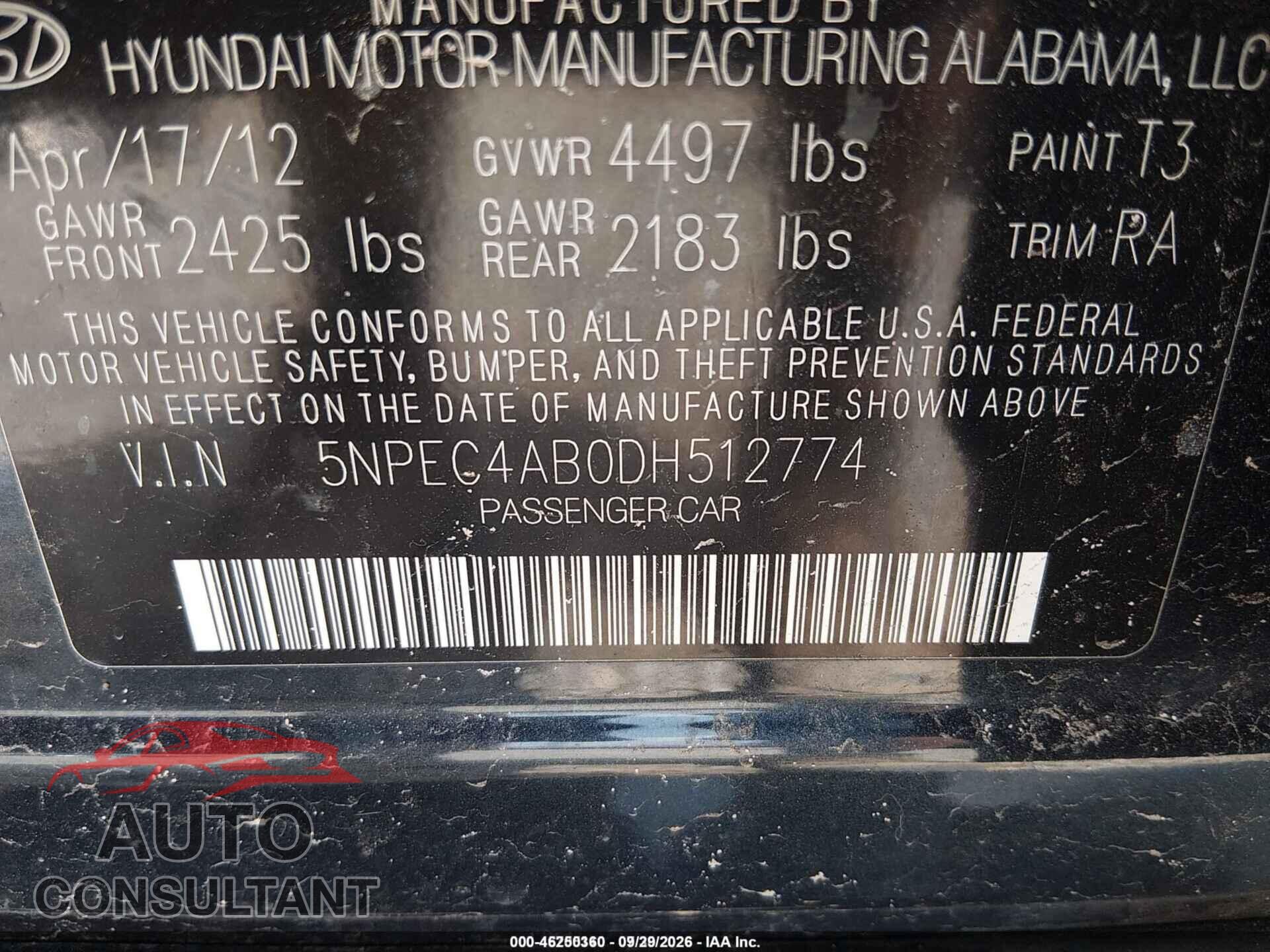 HYUNDAI SONATA 2013 - 5NPEC4AB0DH512774