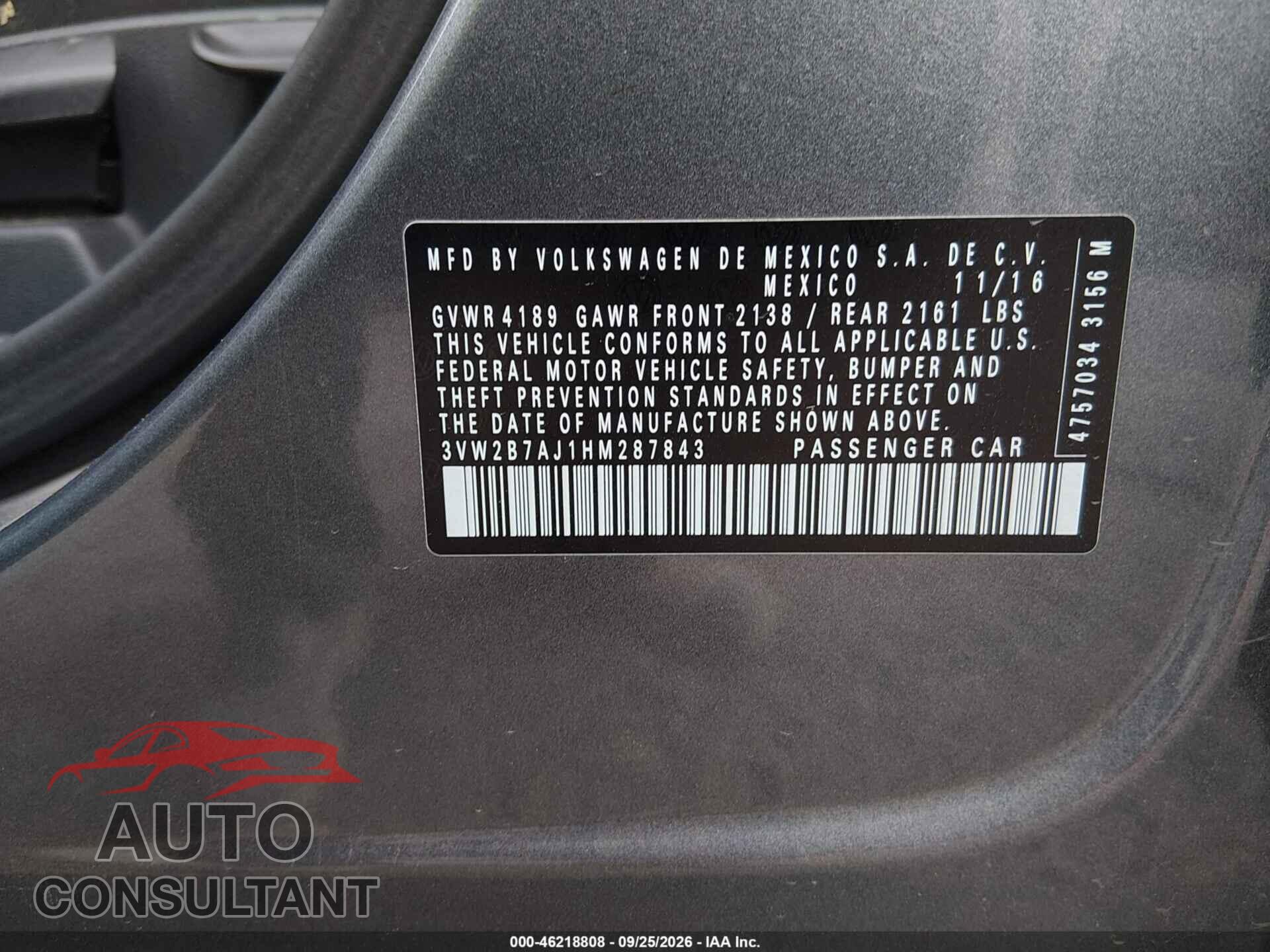VOLKSWAGEN JETTA 2017 - 3VW2B7AJ1HM287843