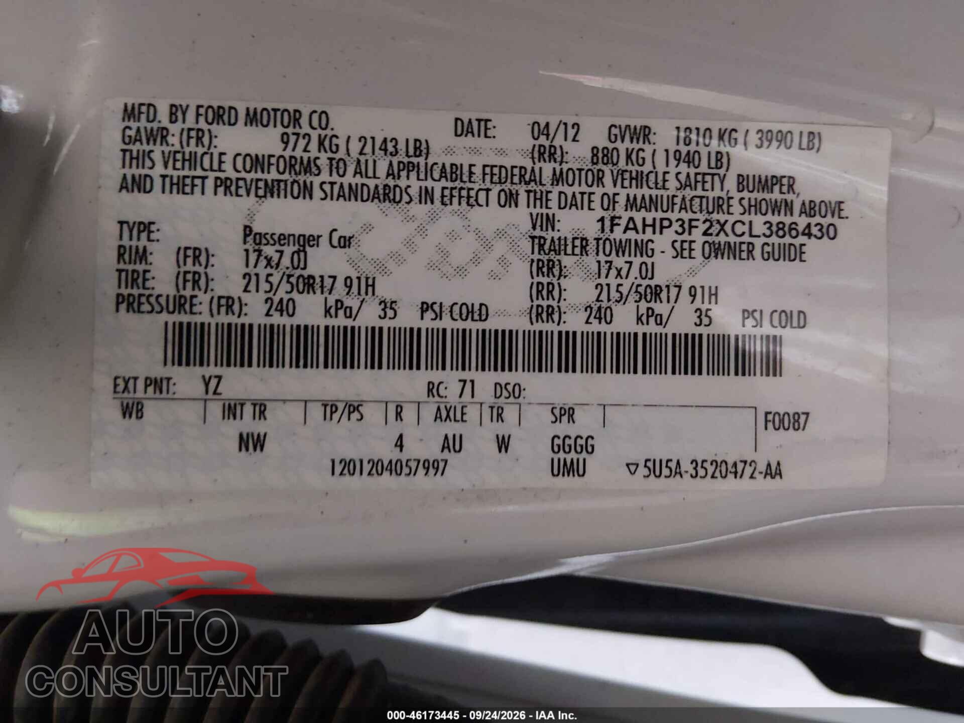 FORD FOCUS 2012 - 1FAHP3F2XCL386430