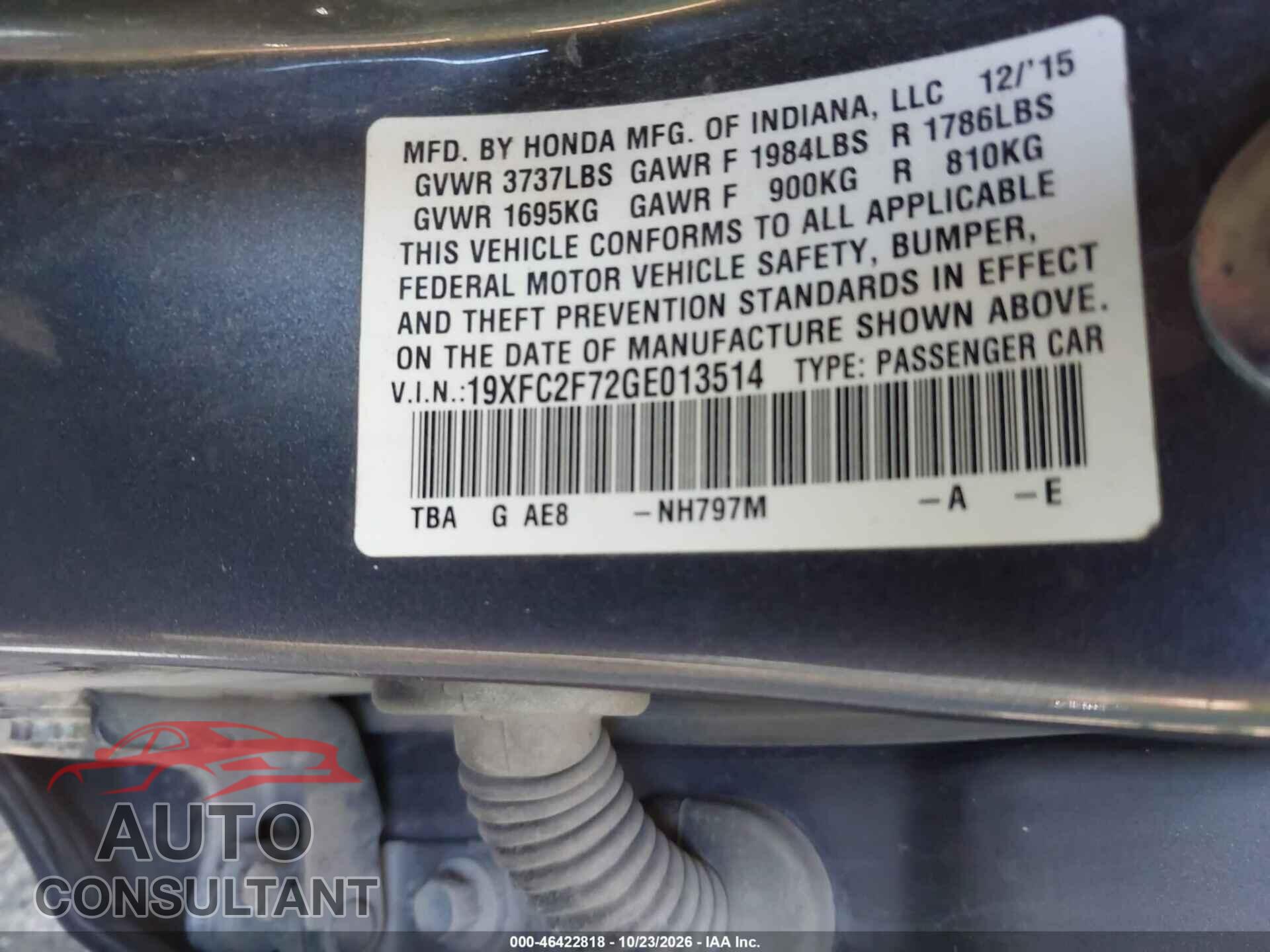 HONDA CIVIC 2016 - 19XFC2F72GE013514