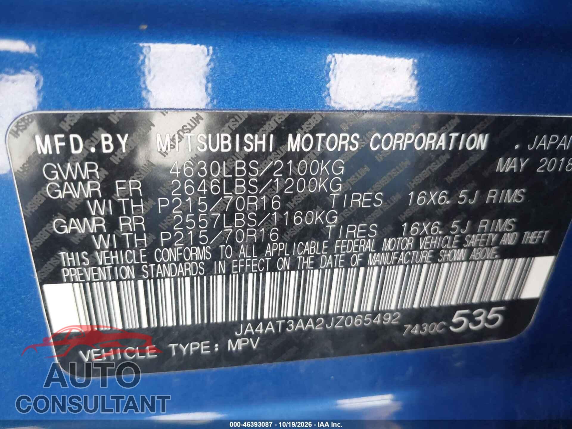 MITSUBISHI ECLIPSE CROSS 2018 - JA4AT3AA2JZ065492