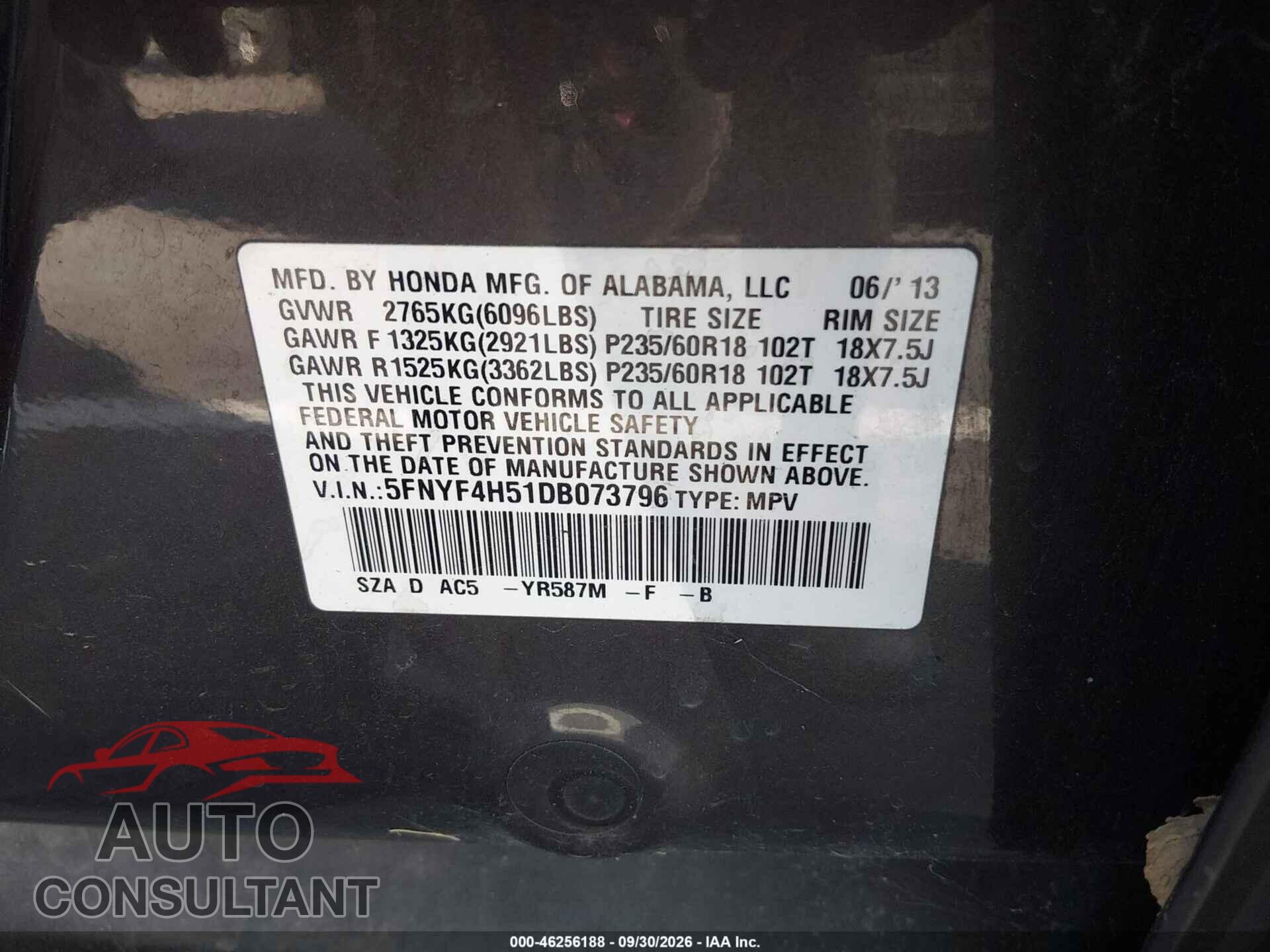 HONDA PILOT 2013 - 5FNYF4H51DB073796