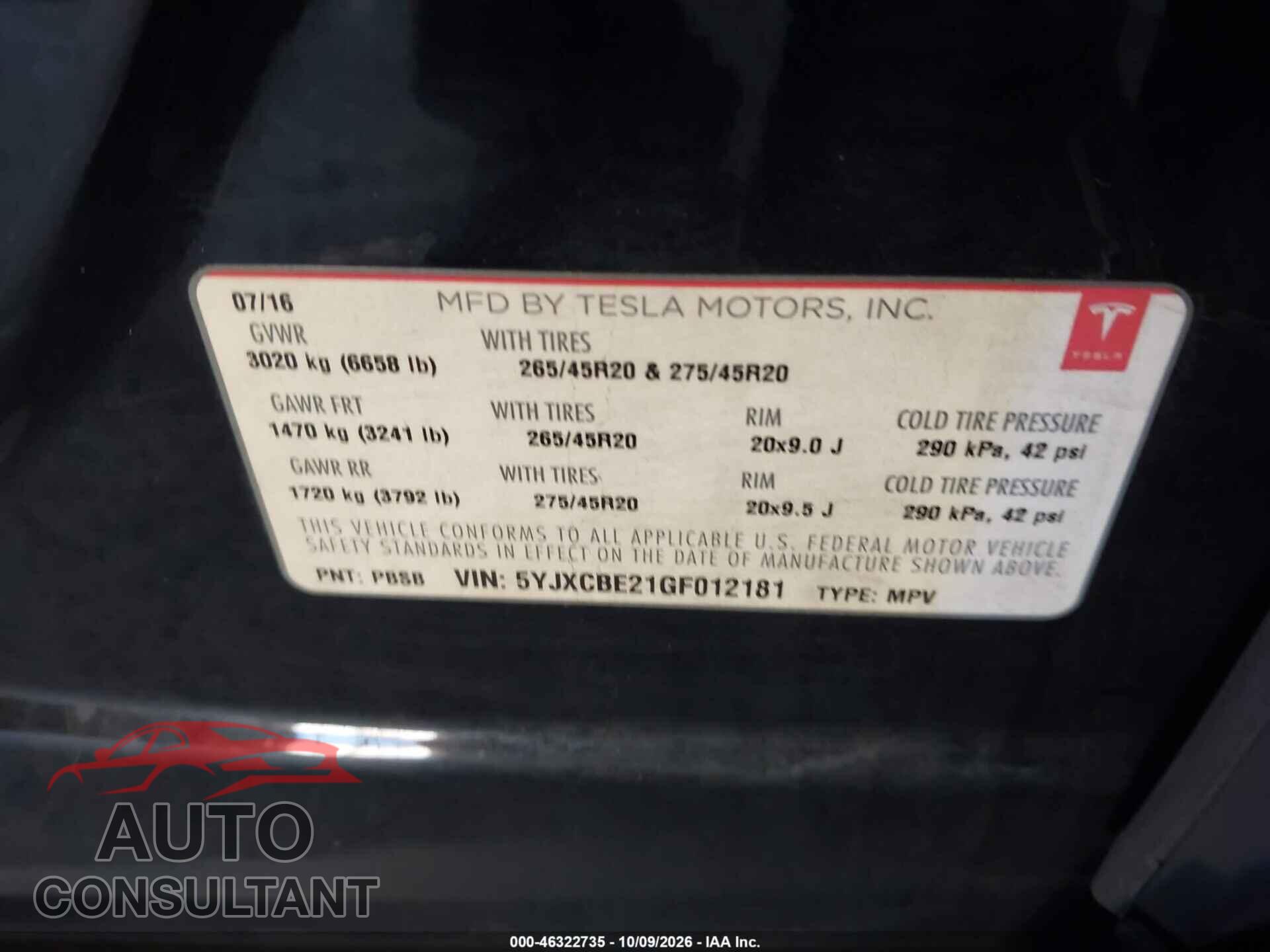 TESLA MODEL X 2016 - 5YJXCBE21GF012181