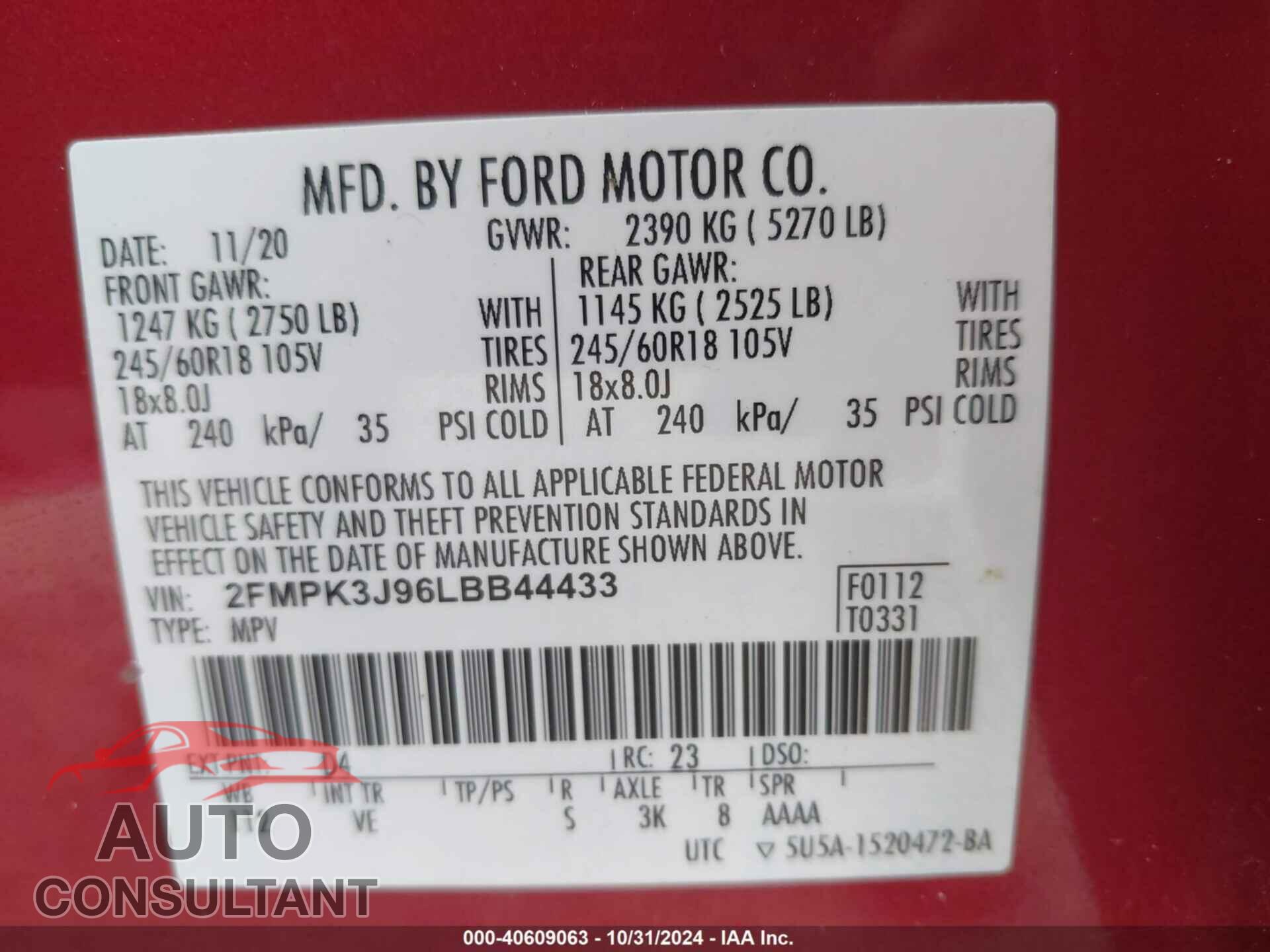FORD EDGE 2020 - 2FMPK3J96LBB44433