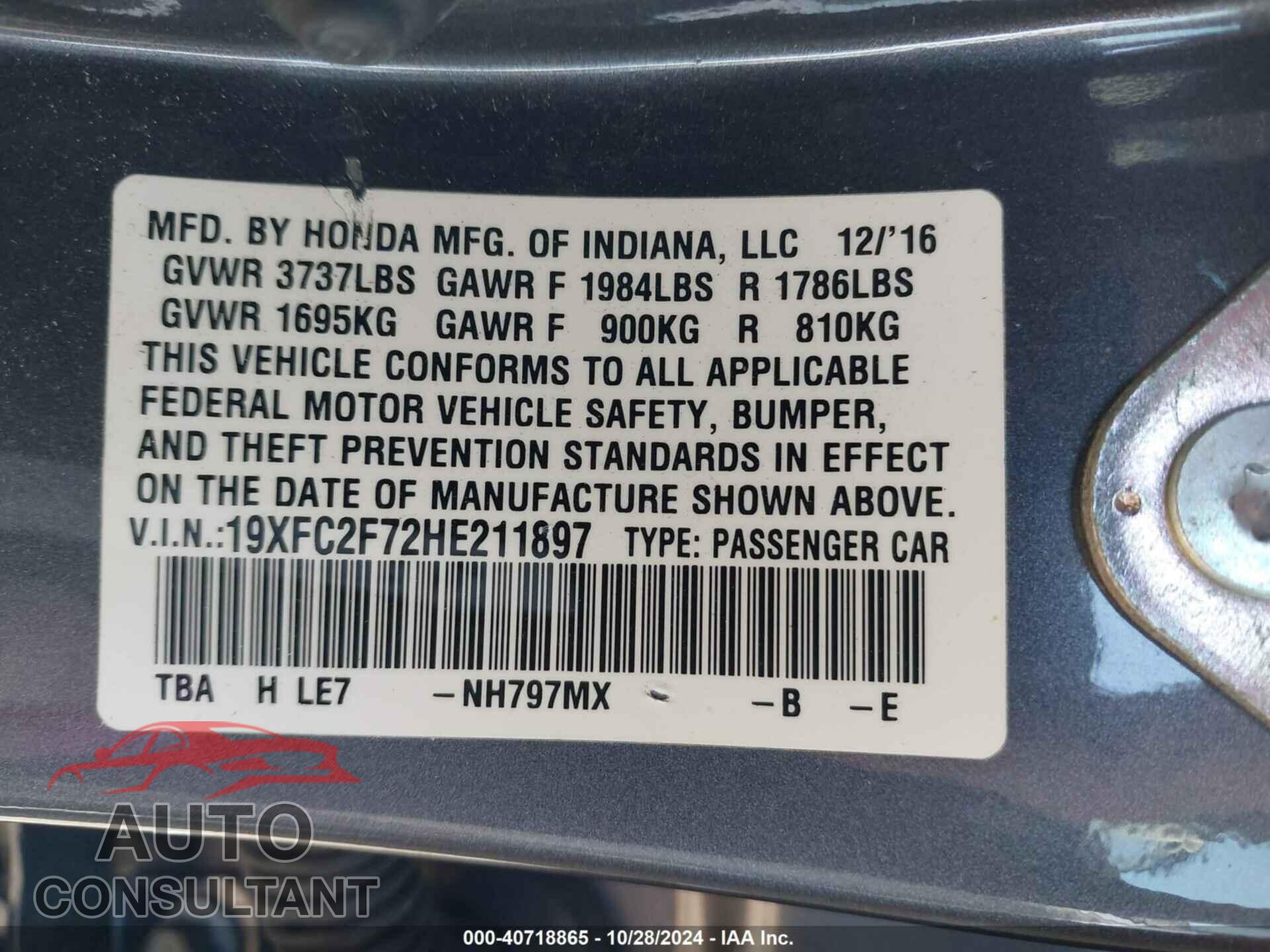 HONDA CIVIC 2017 - 19XFC2F72HE211897