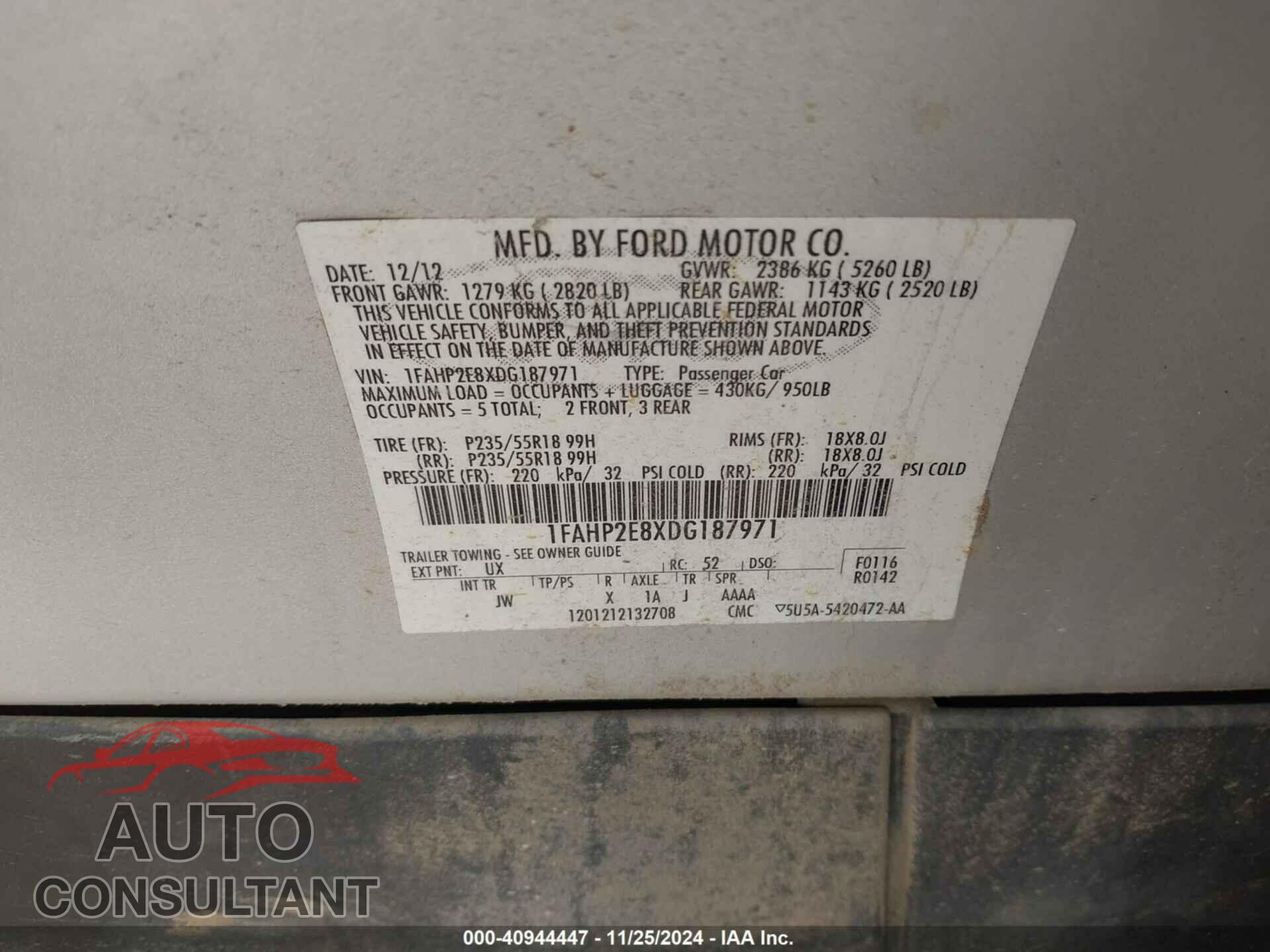 FORD TAURUS 2013 - 1FAHP2E8XDG187971