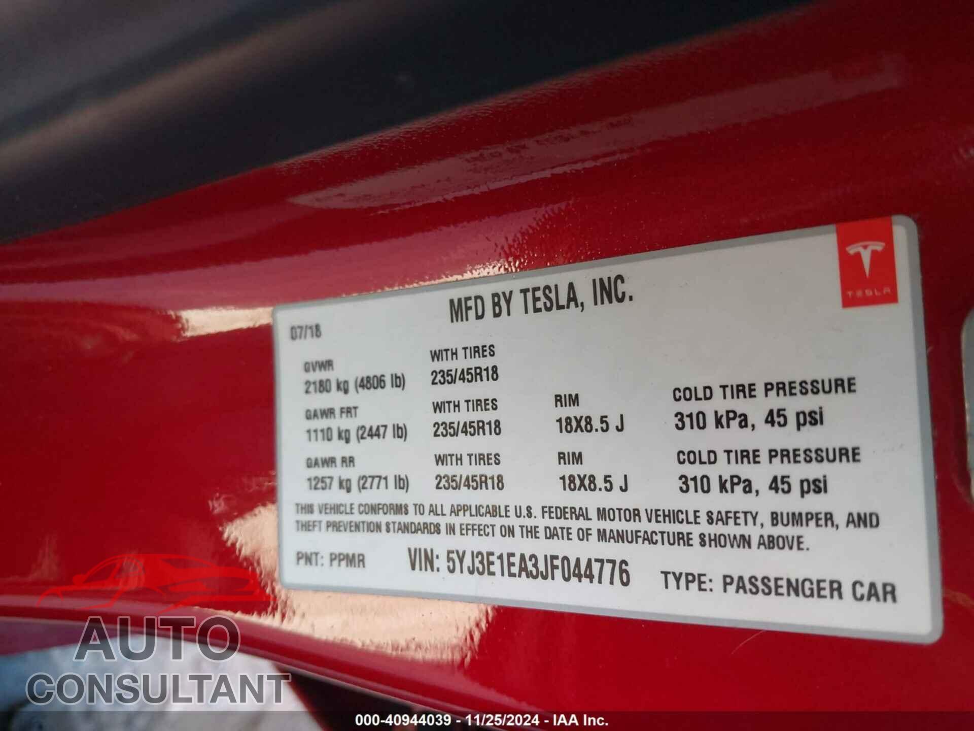 TESLA MODEL 3 2018 - 5YJ3E1EA3JF044776