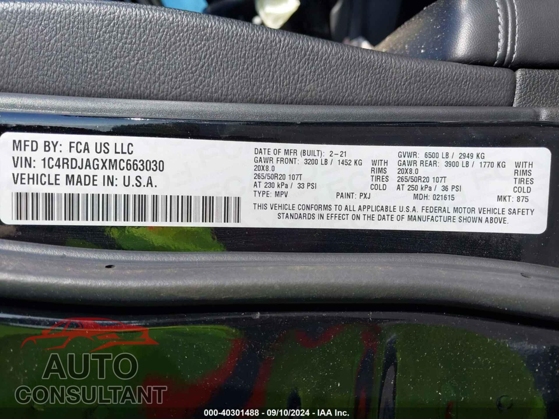 DODGE DURANGO 2021 - 1C4RDJAGXMC663030