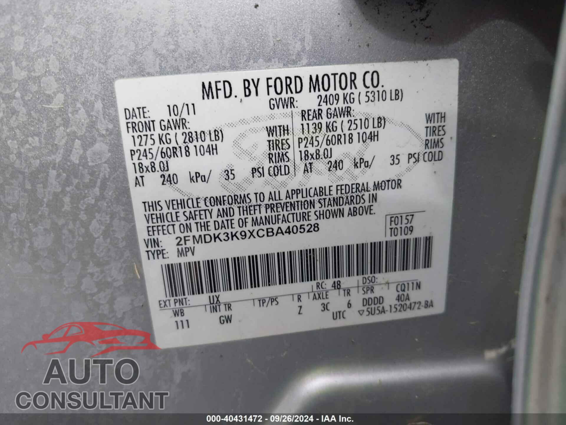 FORD EDGE 2012 - 2FMDK3K9XCBA40528