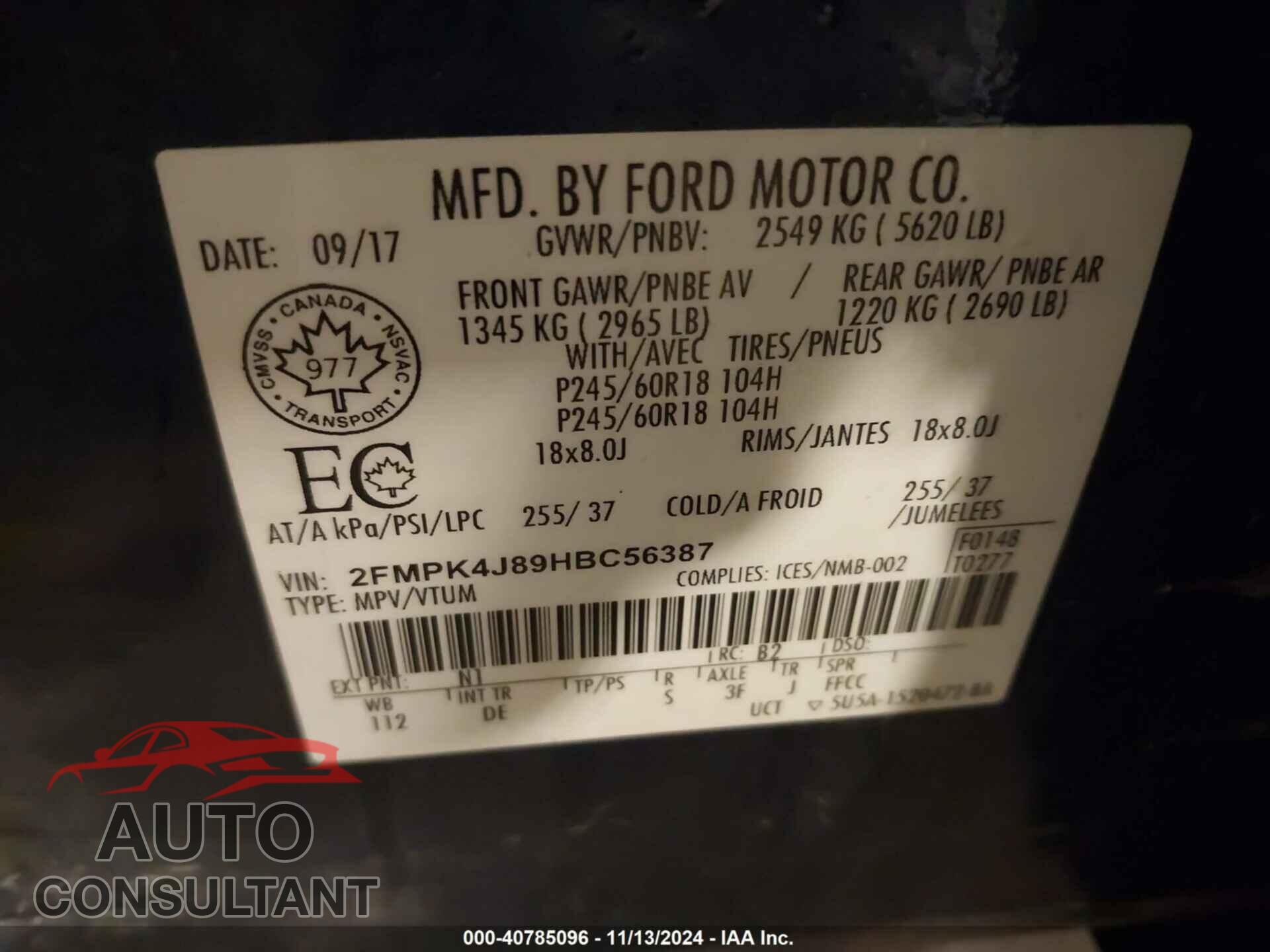 FORD EDGE 2017 - 2FMPK4J89HBC56387