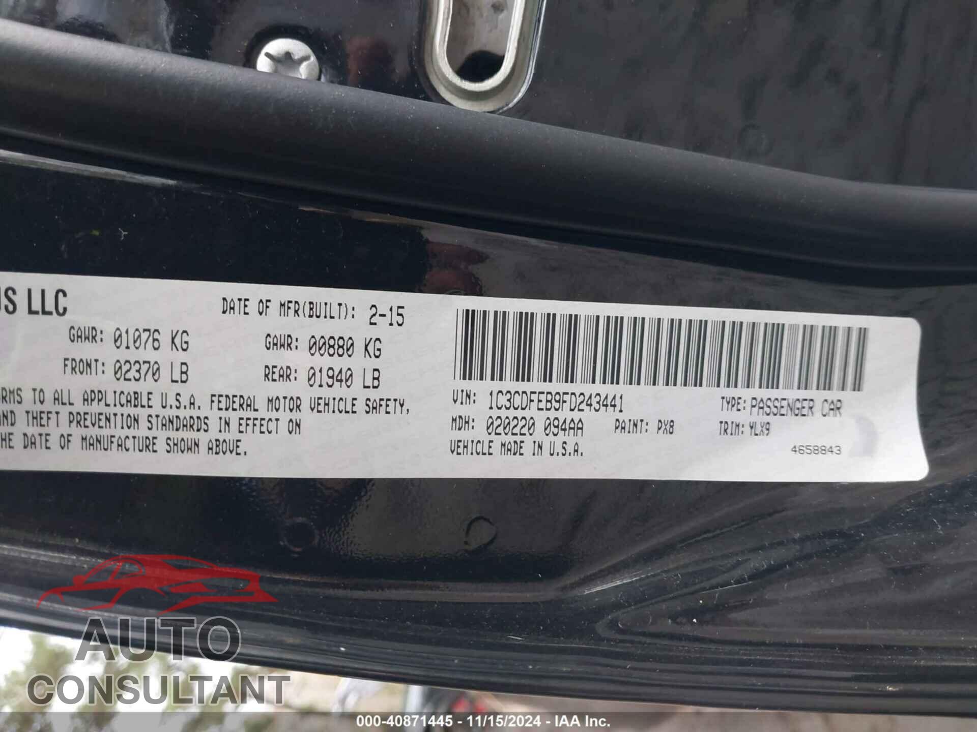 DODGE DART 2015 - 1C3CDFEB9FD243441