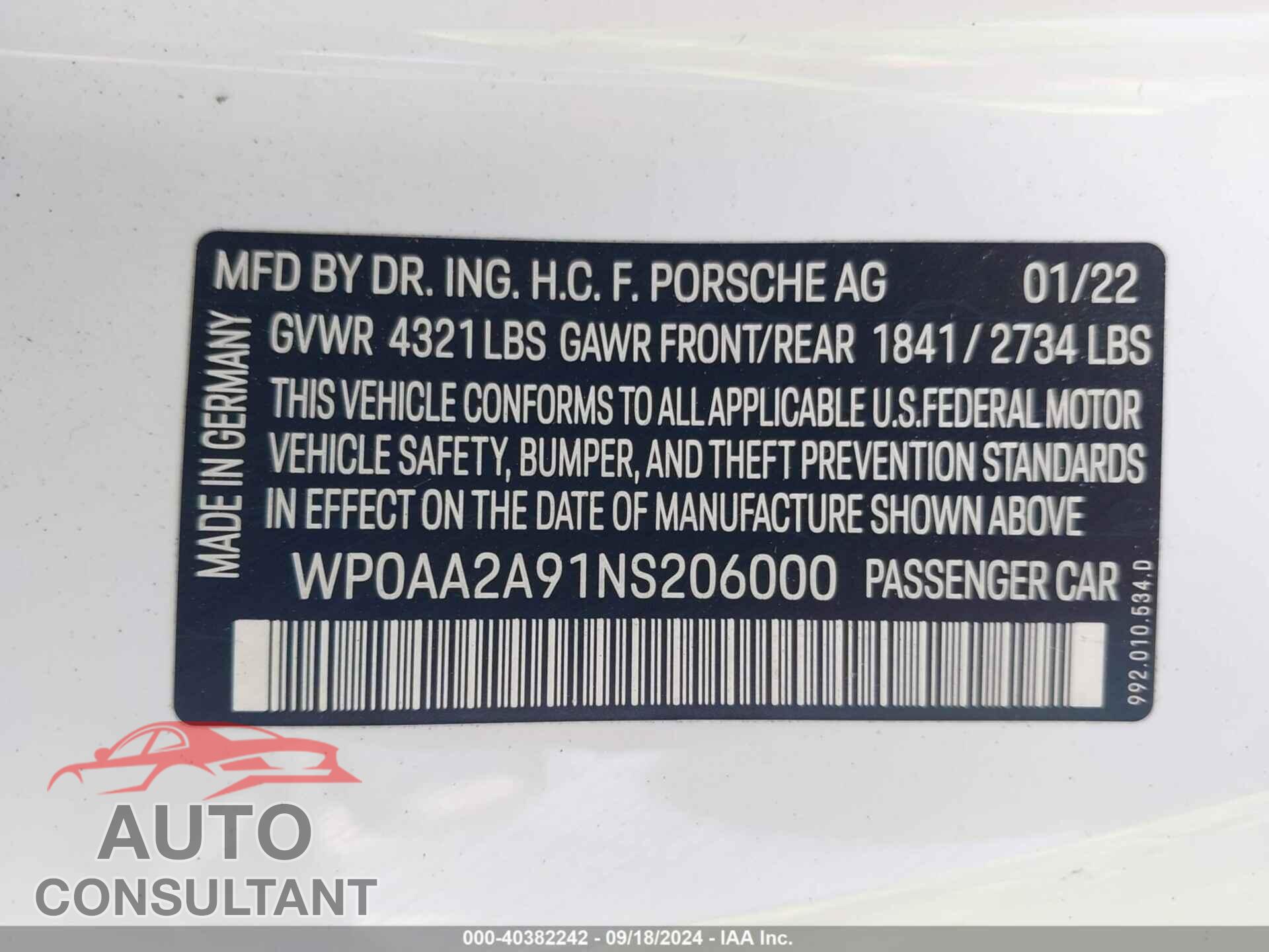 PORSCHE 911 2022 - WP0AA2A91NS206000