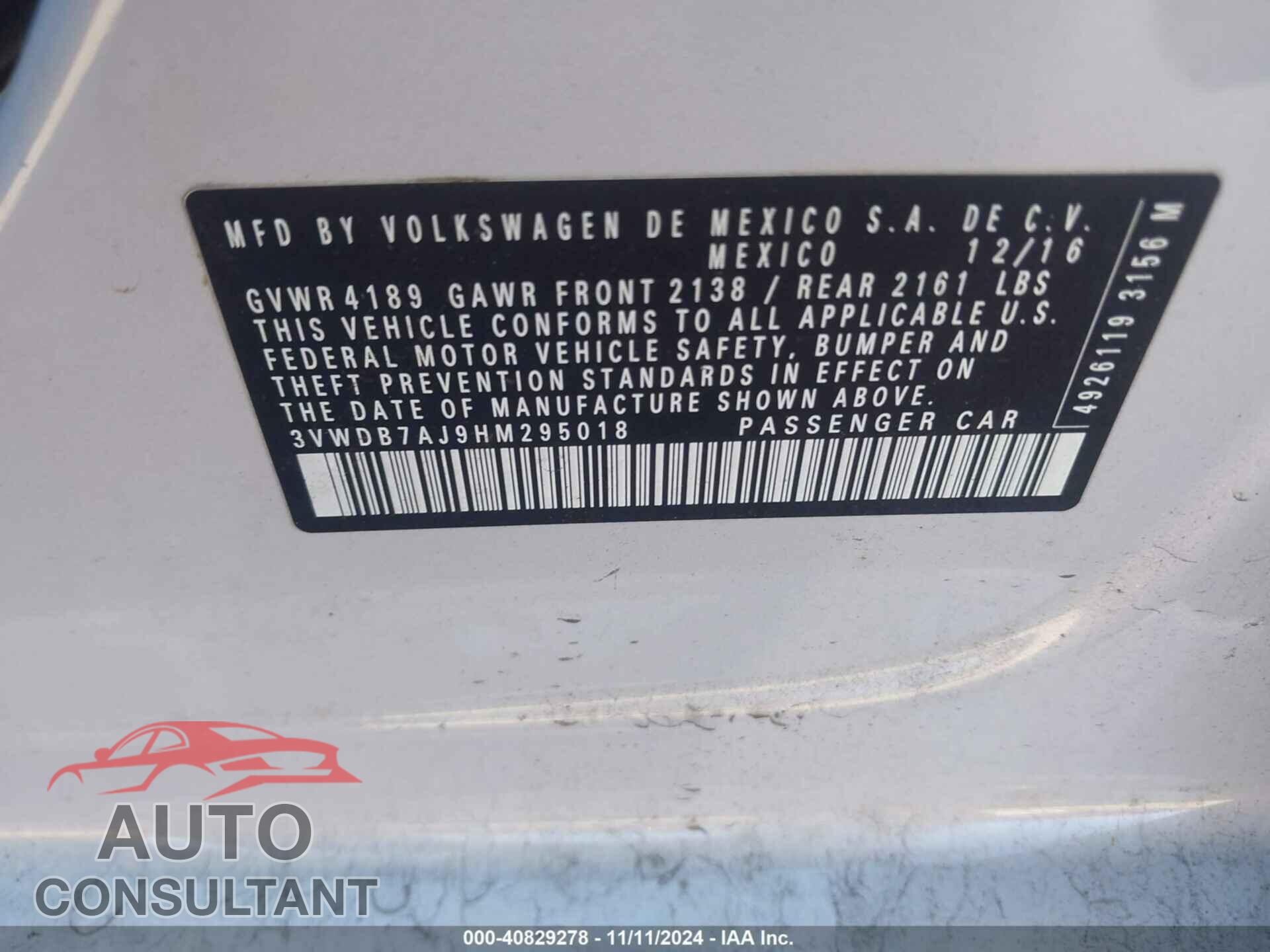 VOLKSWAGEN JETTA 2017 - 3VWDB7AJ9HM295018