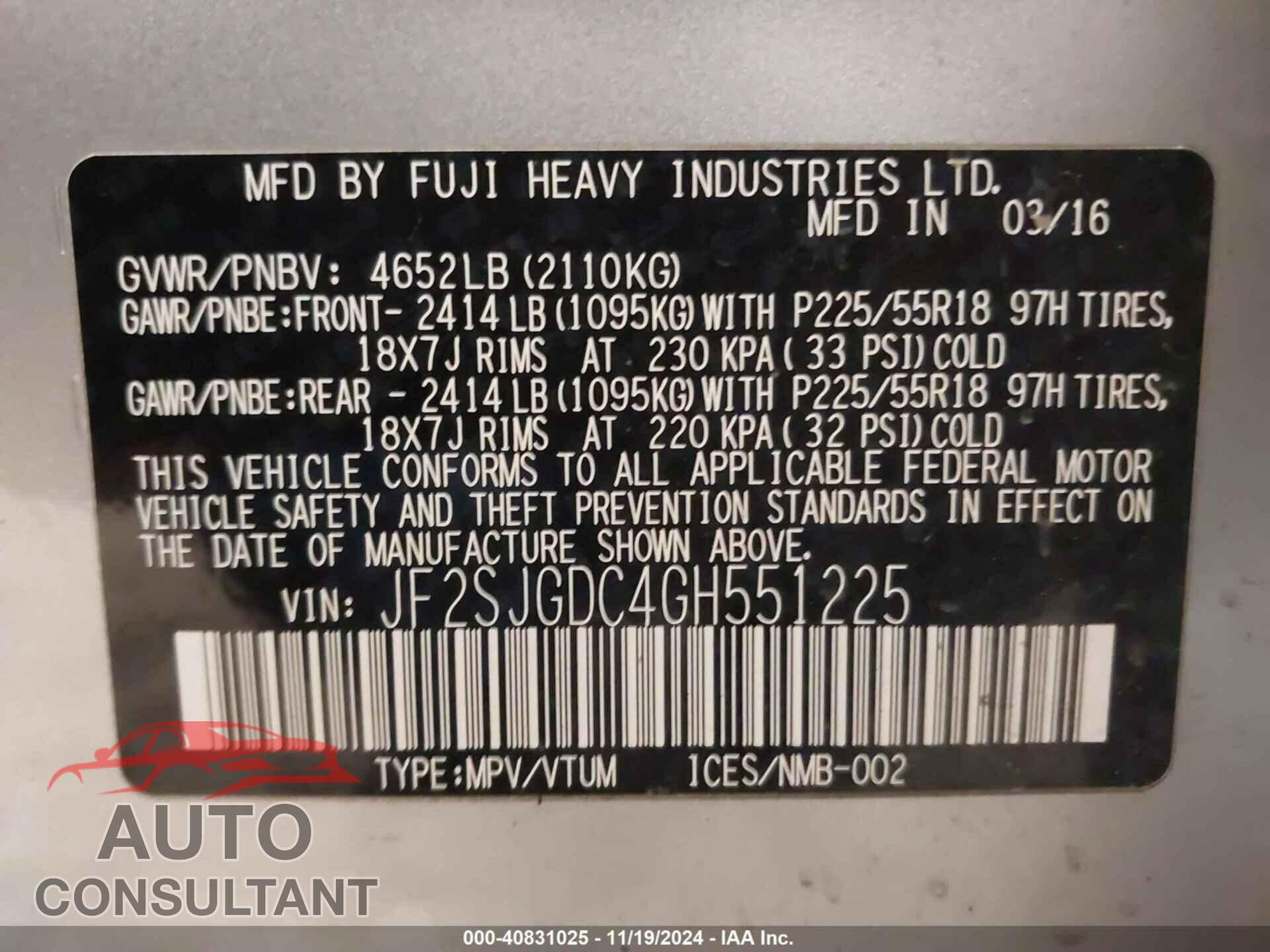 SUBARU FORESTER 2016 - JF2SJGDC4GH551225
