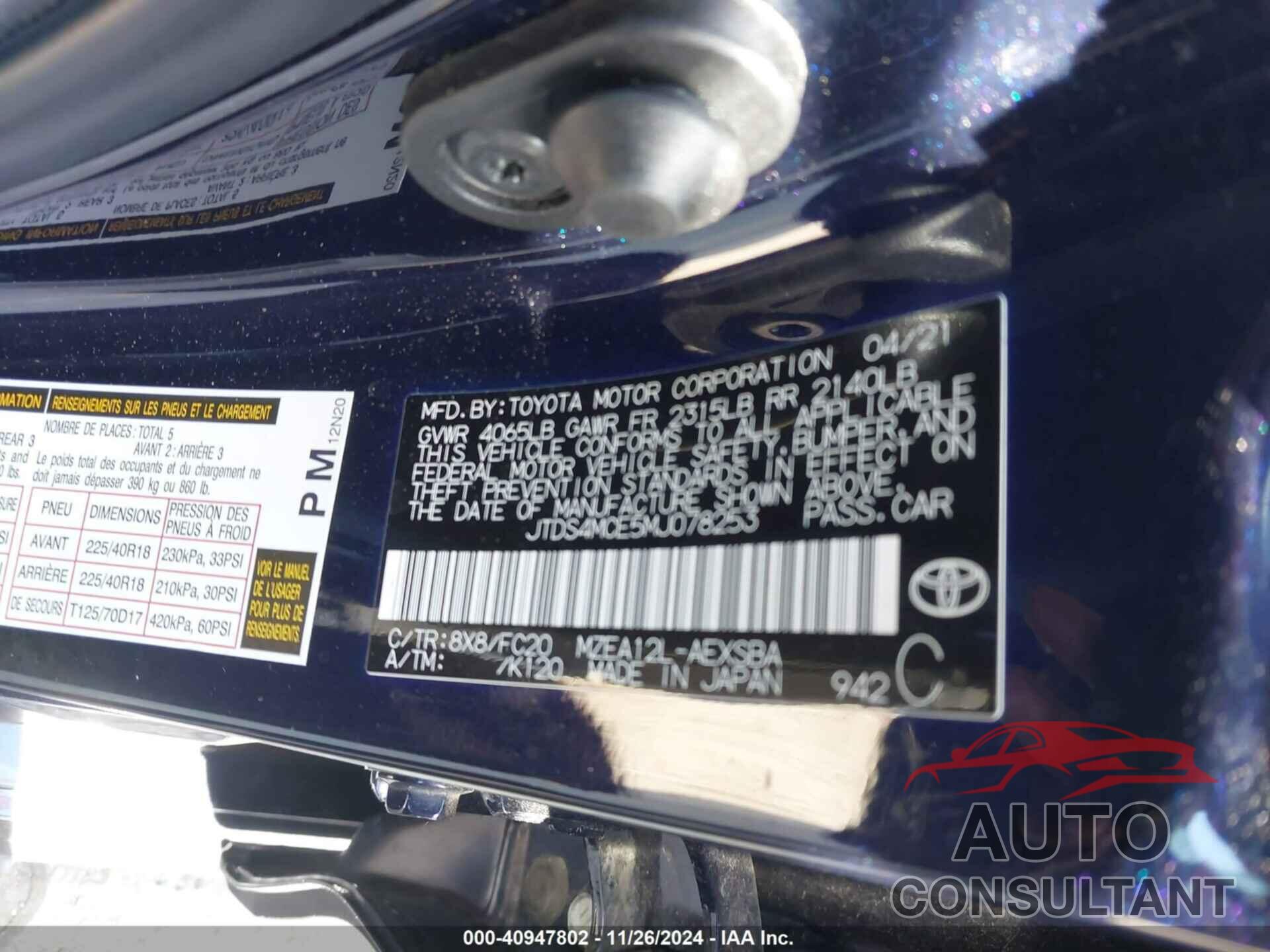 TOYOTA COROLLA 2021 - JTDS4MCE5MJ078253