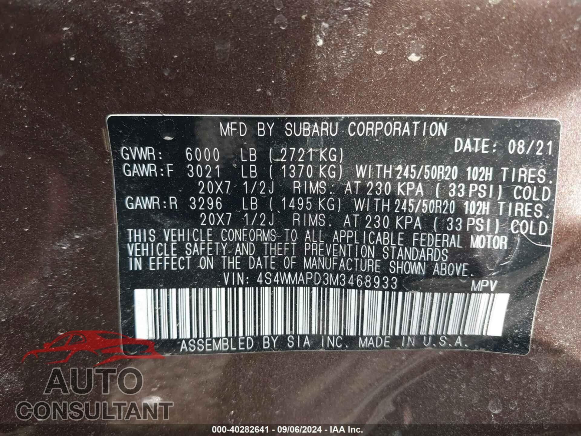 SUBARU ASCENT 2021 - 4S4WMAPD3M3468933