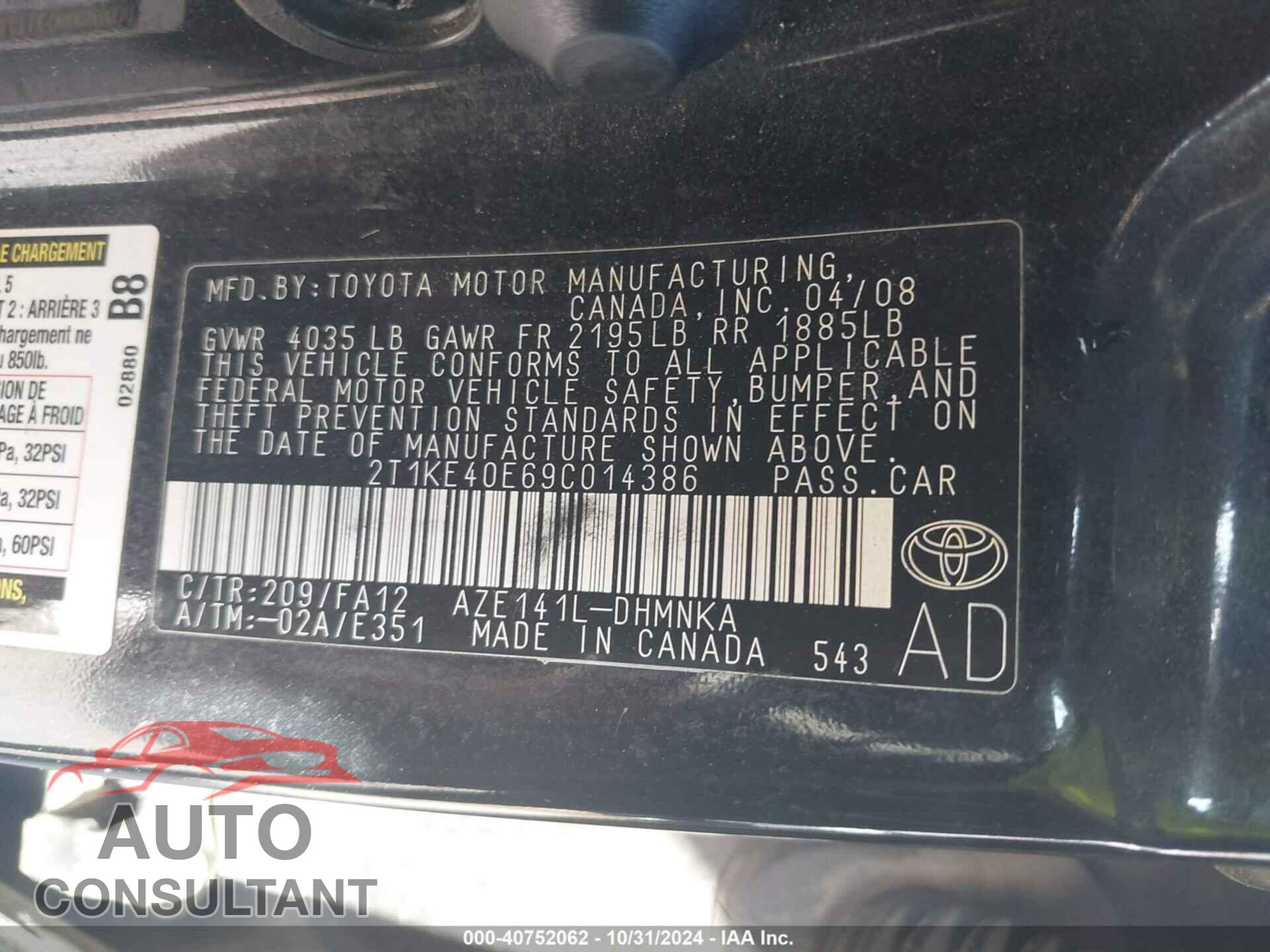 TOYOTA MATRIX 2009 - 2T1KE40E69C014386