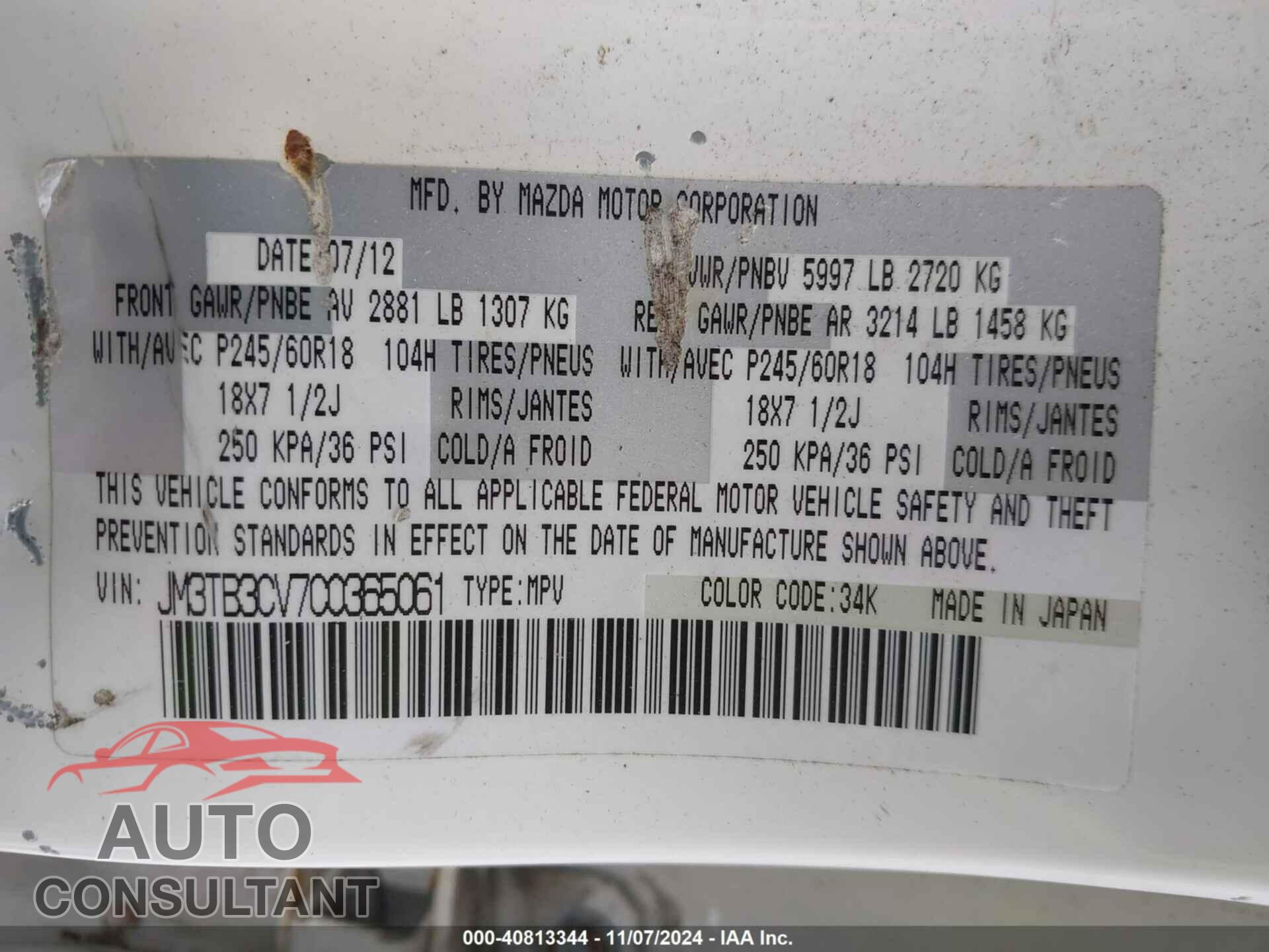 MAZDA CX-9 2012 - JM3TB3CV7C0365061