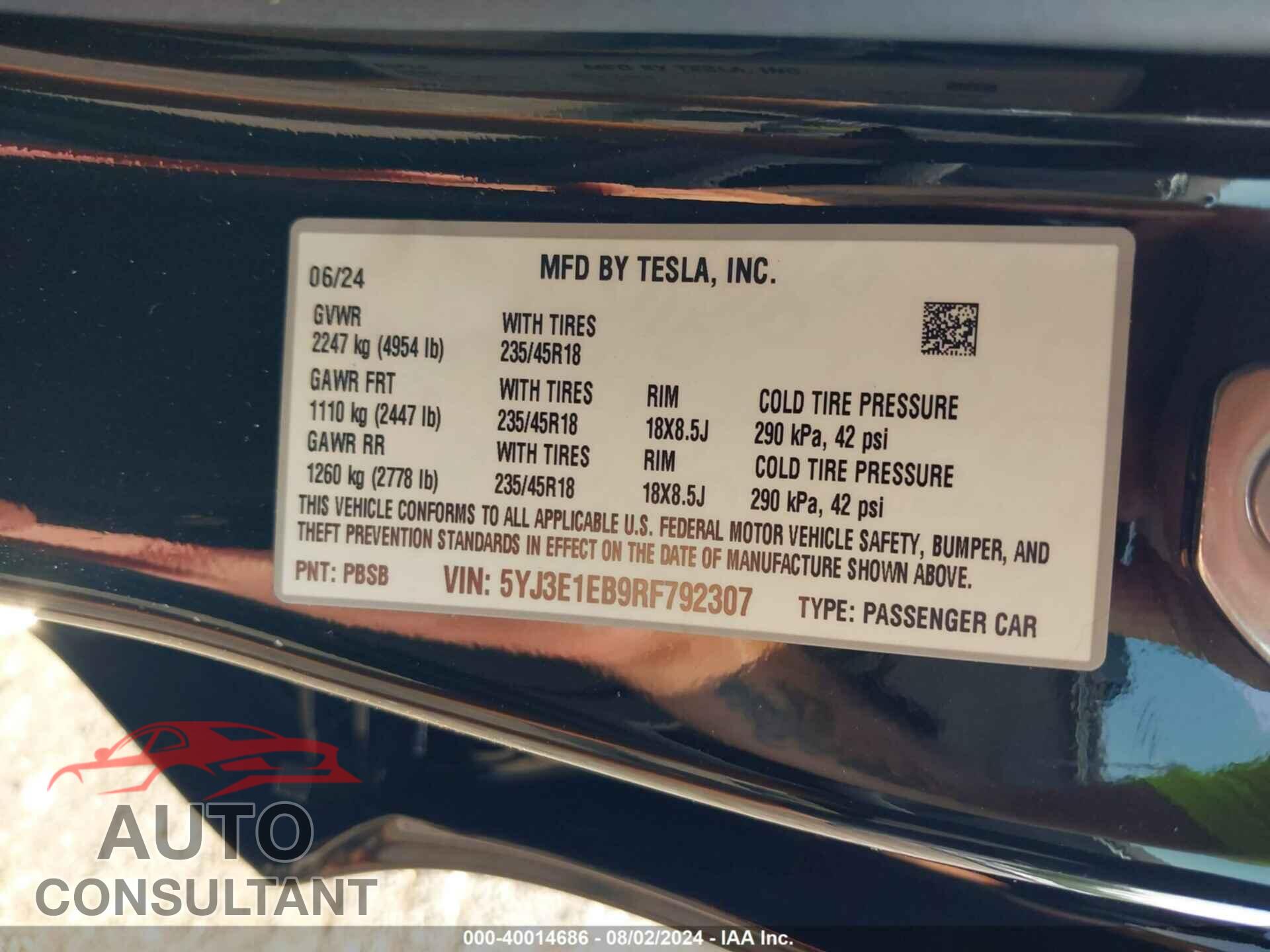 TESLA MODEL 3 2024 - 5YJ3E1EB9RF792307