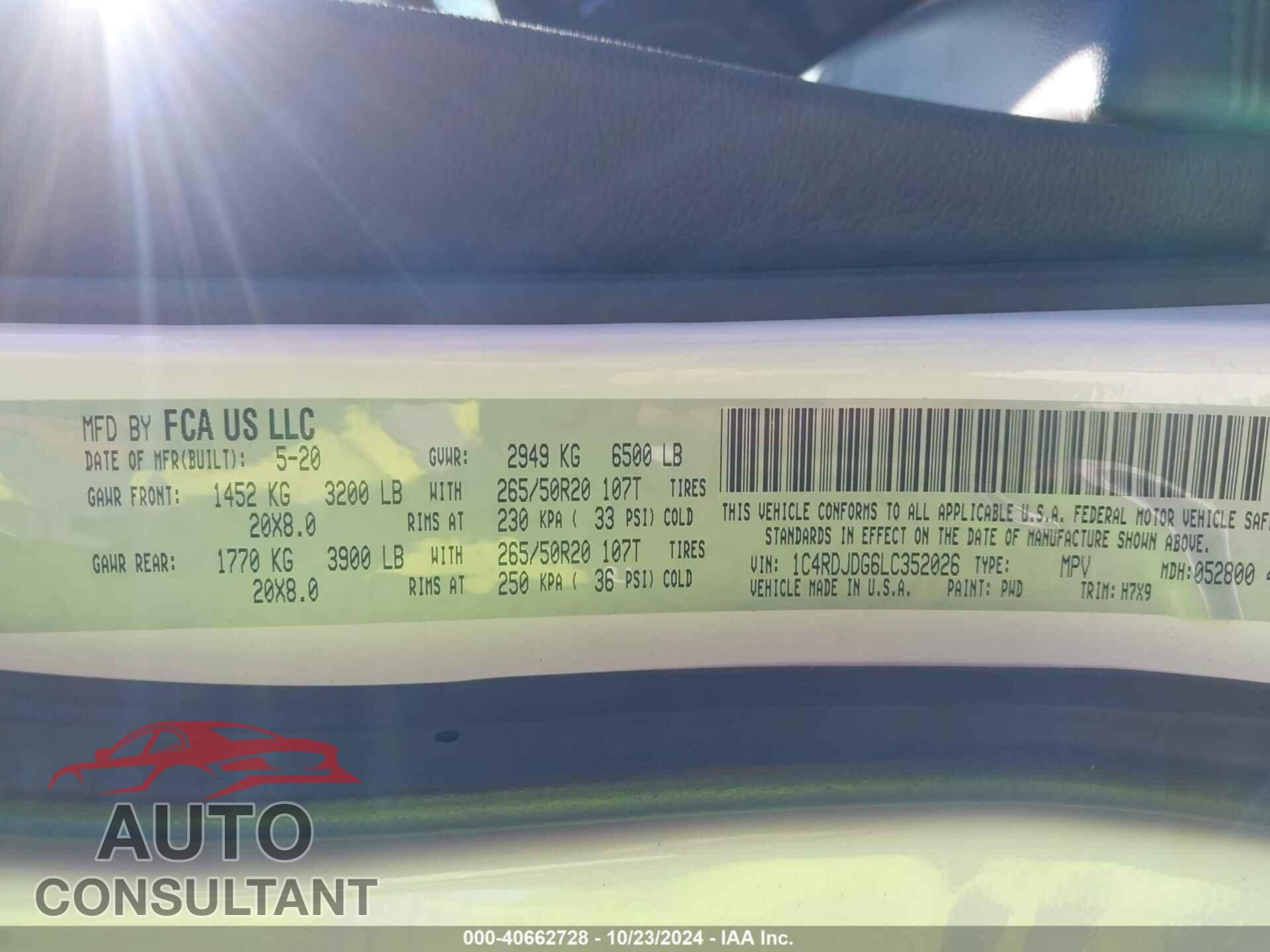 DODGE DURANGO 2020 - 1C4RDJDG6LC352026