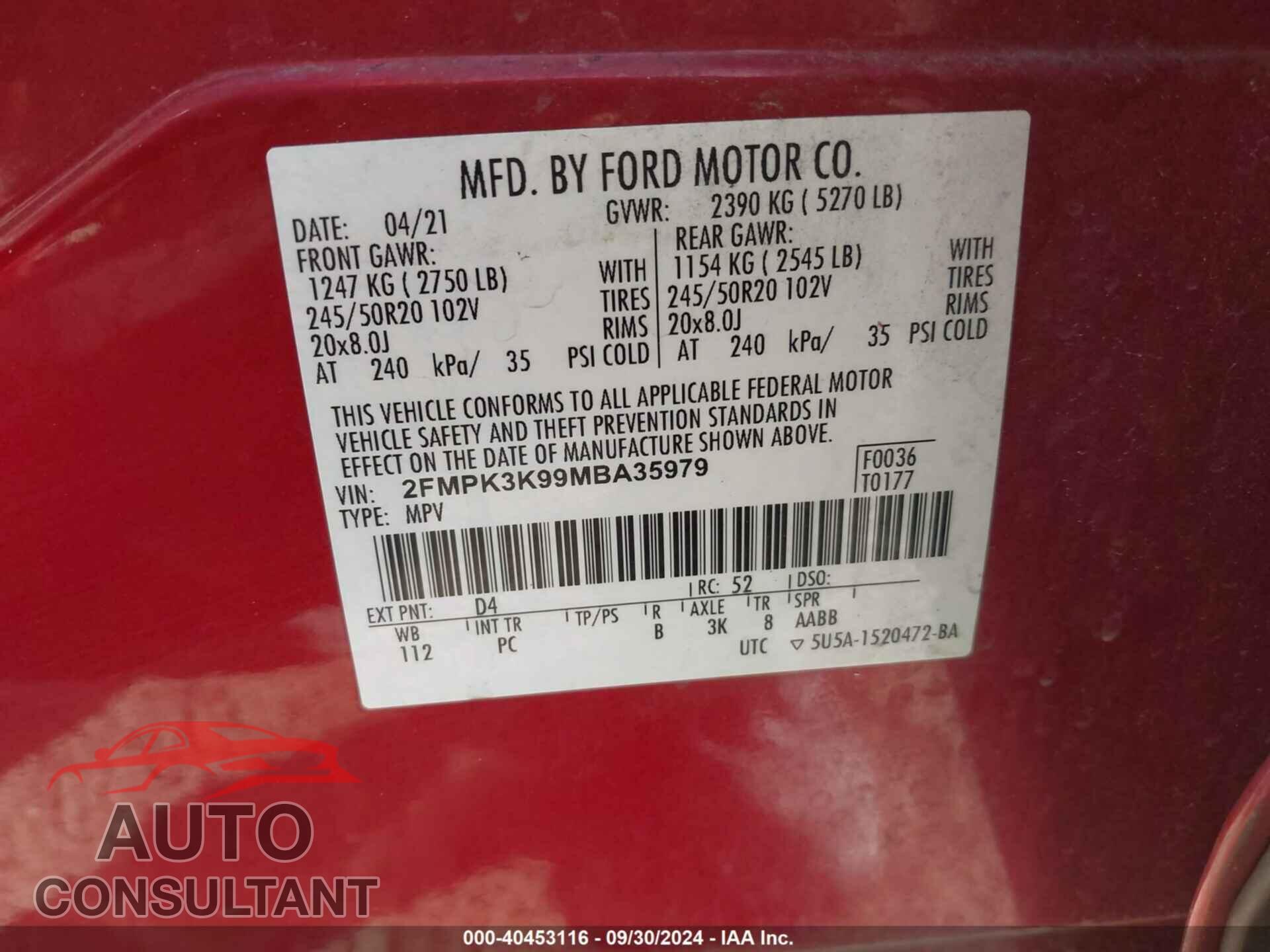 FORD EDGE 2021 - 2FMPK3K99MBA35979