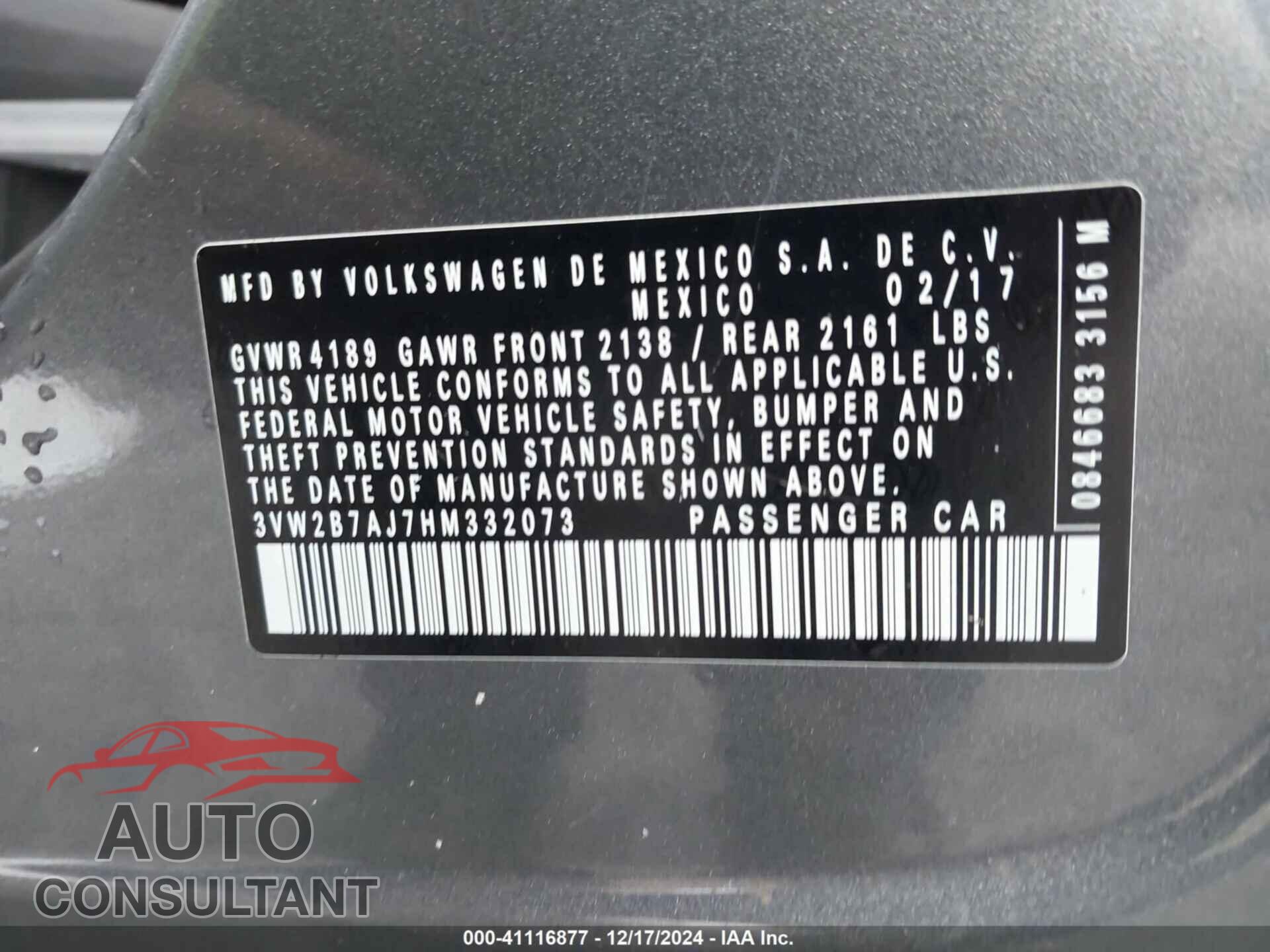 VOLKSWAGEN JETTA 2017 - 3VW2B7AJ7HM332073