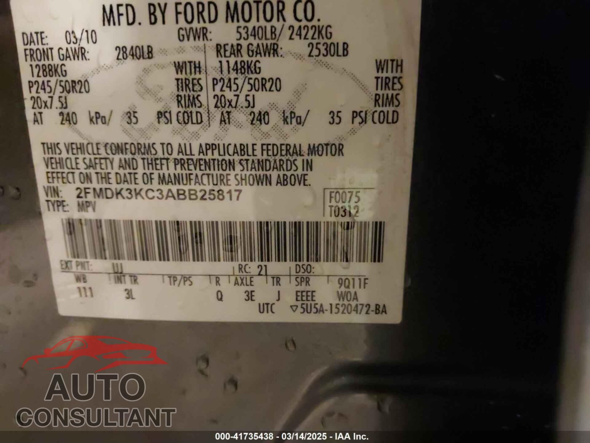 FORD EDGE 2010 - 2FMDK3KC3ABB25817
