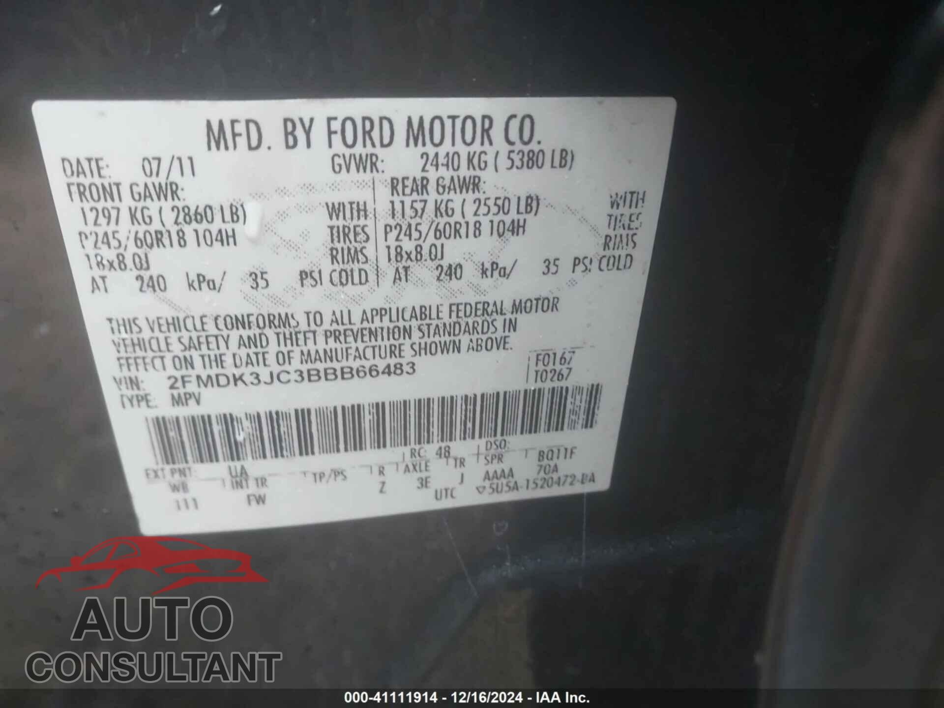 FORD EDGE 2011 - 2FMDK3JC3BBB66483