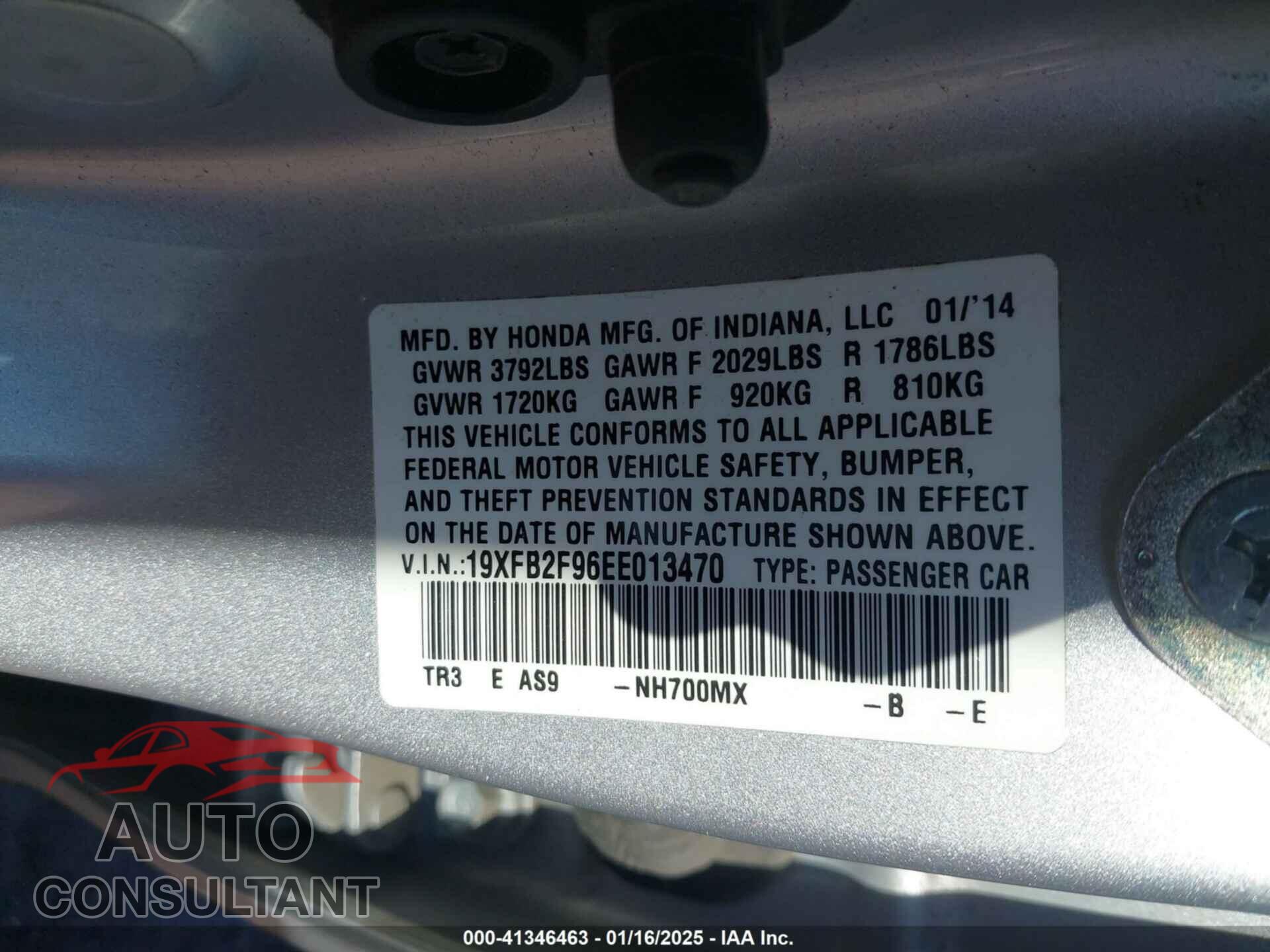 HONDA CIVIC 2014 - 19XFB2F96EE013470