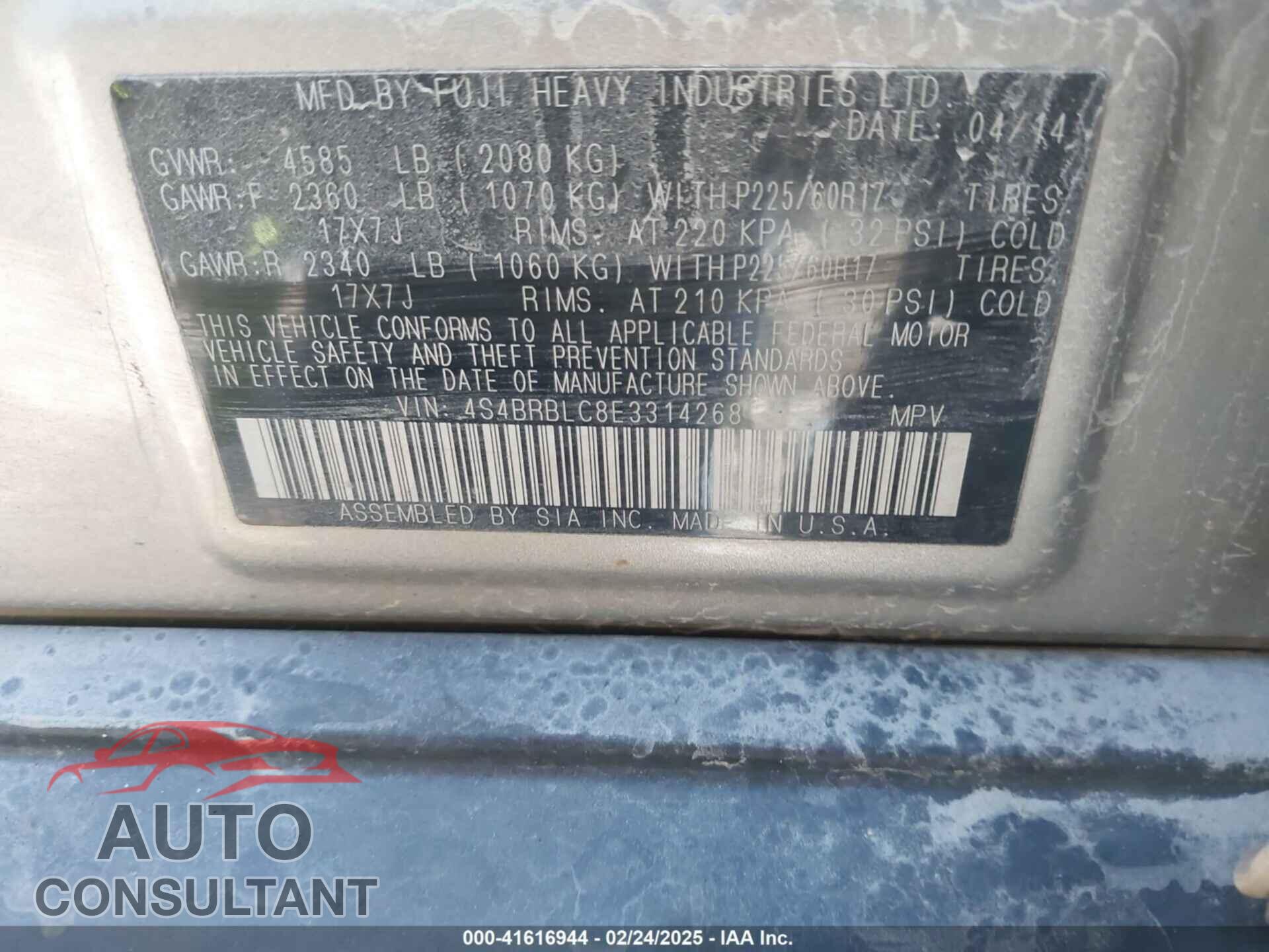 SUBARU OUTBACK 2014 - 4S4BRBLC8E3314268