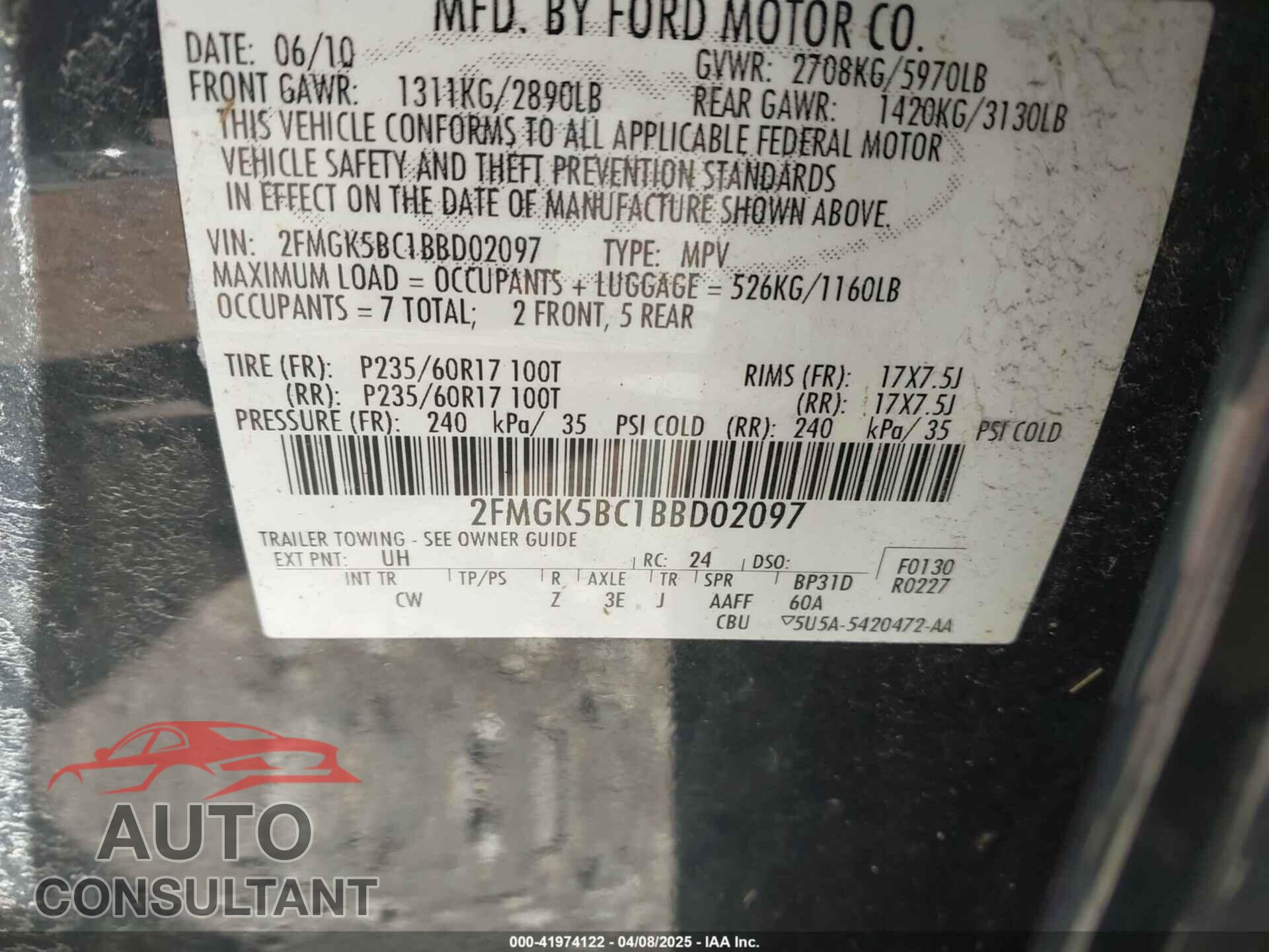 FORD FLEX 2011 - 2FMGK5BC1BBD02097
