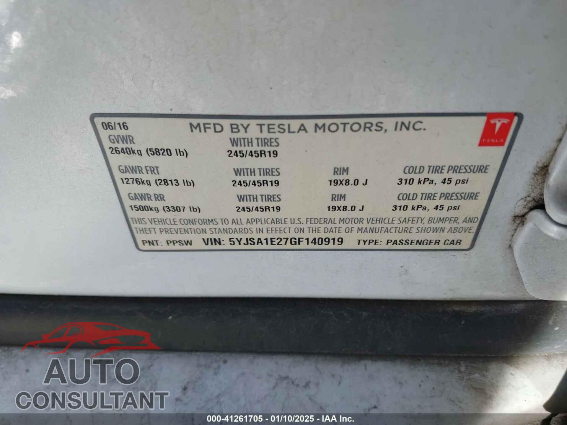 TESLA MODEL S 2016 - 5YJSA1E27GF140919