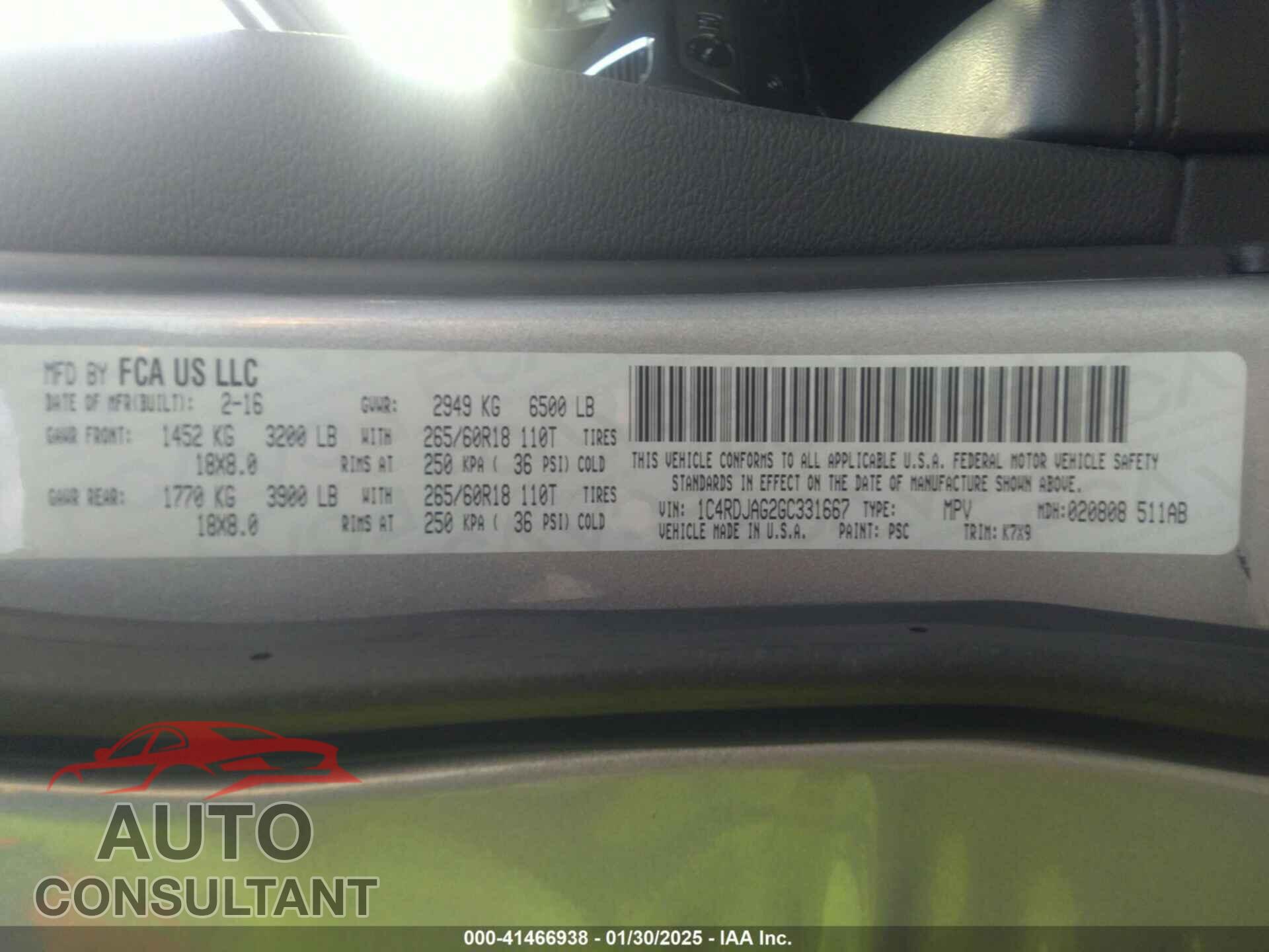 DODGE DURANGO 2016 - 1C4RDJAG2GC331667