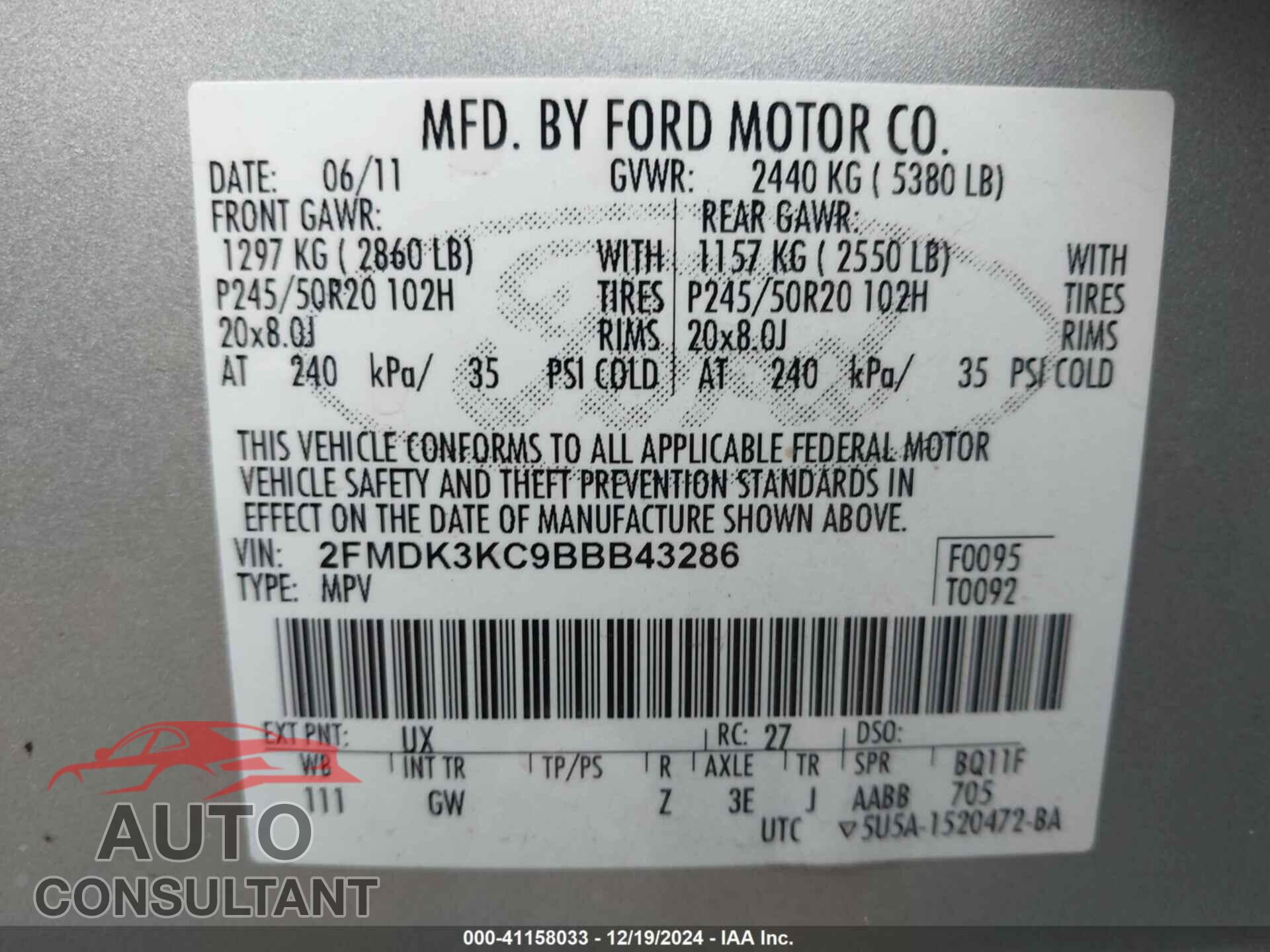 FORD EDGE 2011 - 2FMDK3KC9BBB43286