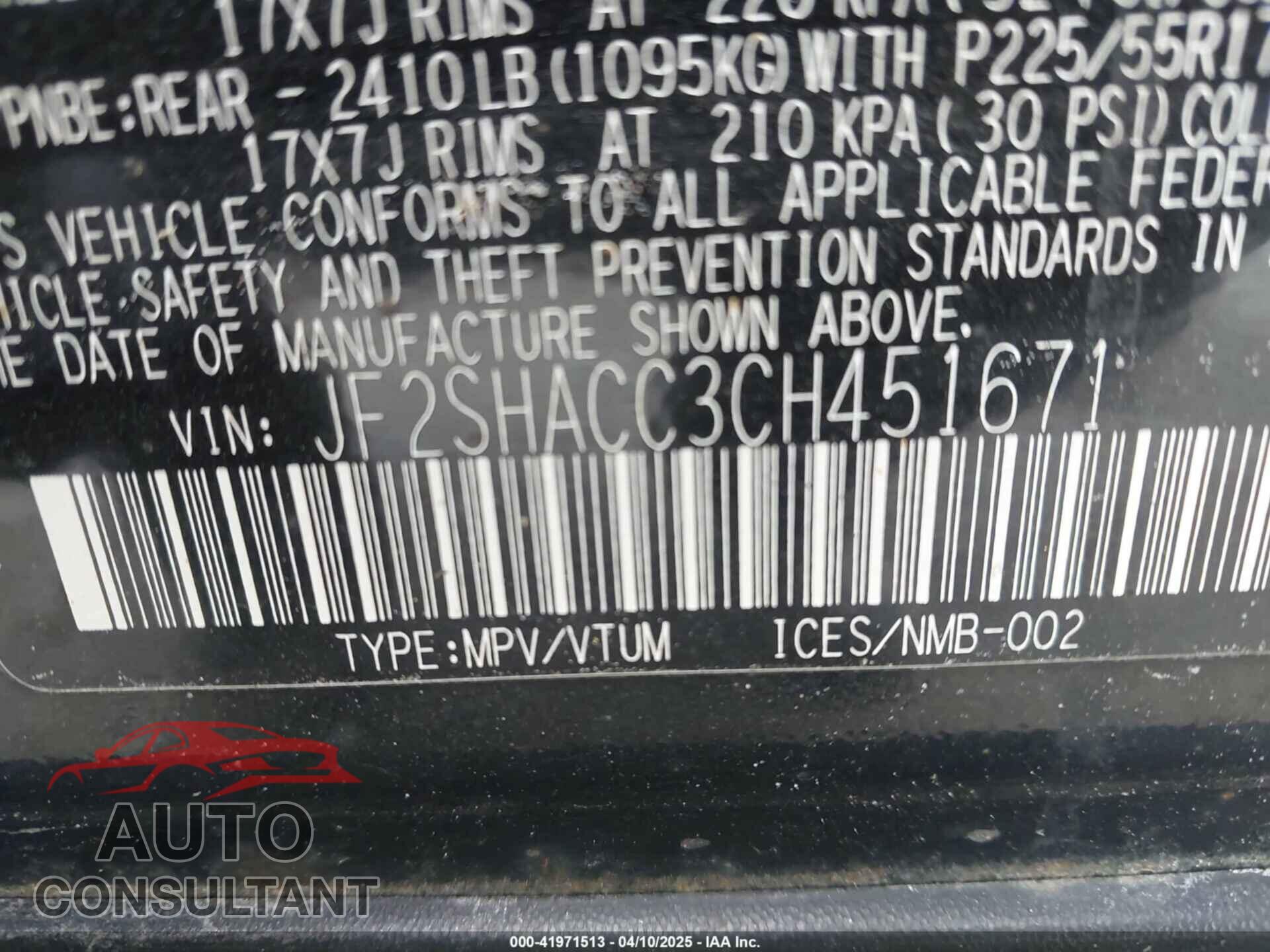 SUBARU FORESTER 2012 - JF2SHACC3CH451671