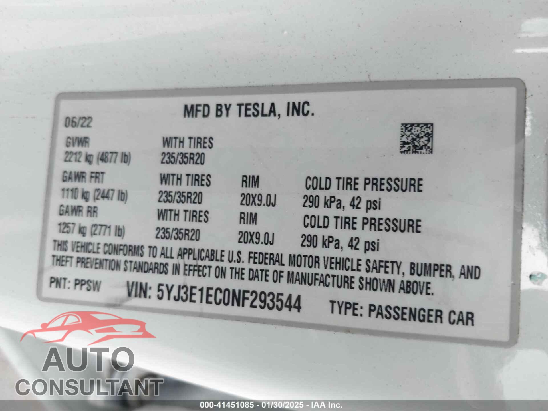 TESLA MODEL 3 2022 - 5YJ3E1EC0NF293544