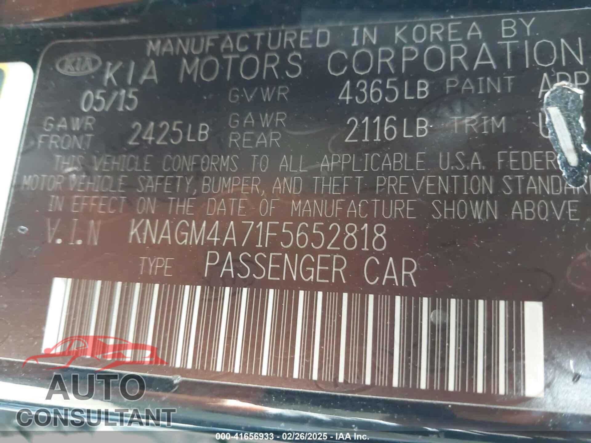 KIA OPTIMA 2015 - KNAGM4A71F5652818