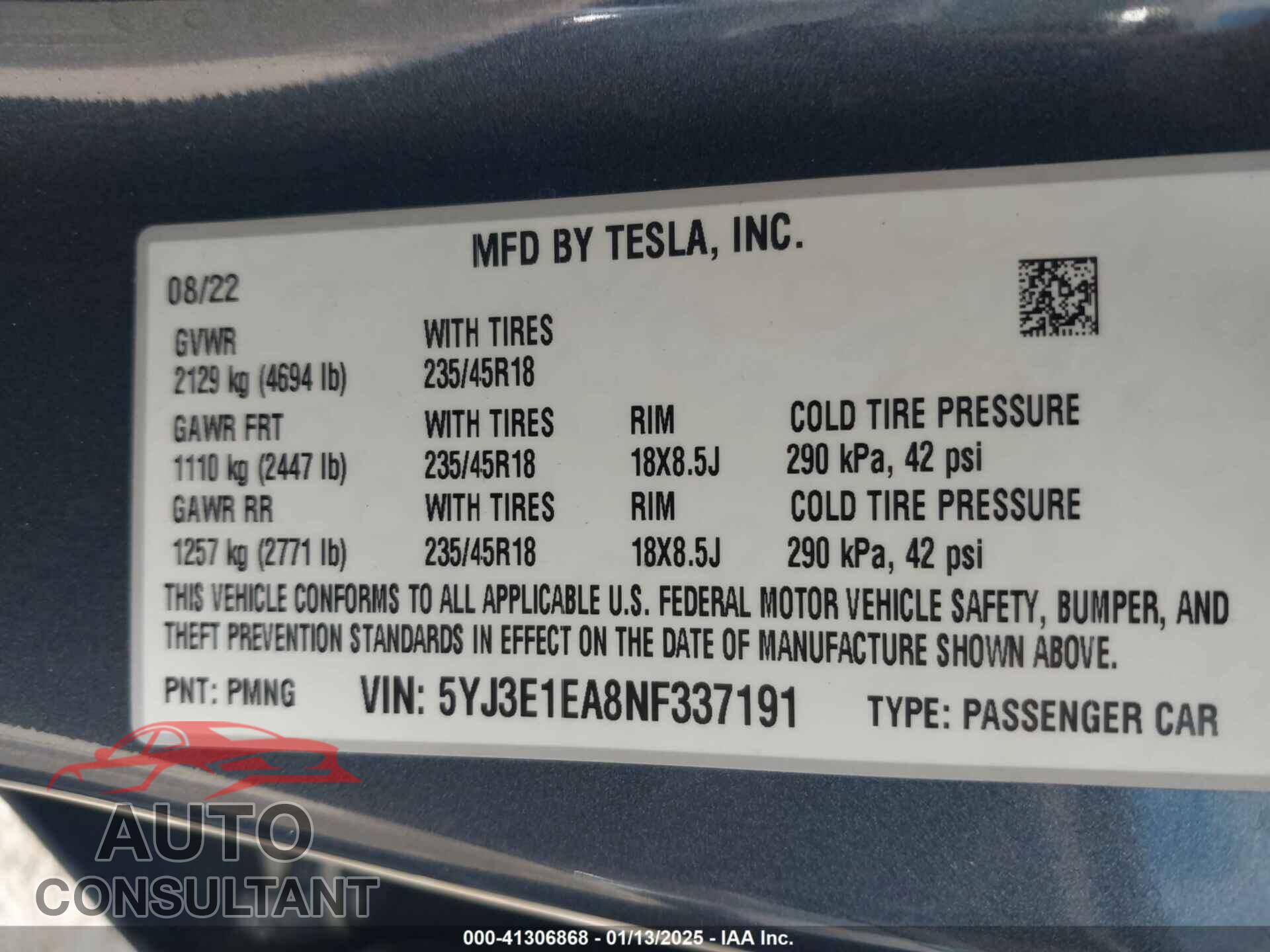 TESLA MODEL 3 2022 - 5YJ3E1EA8NF337191