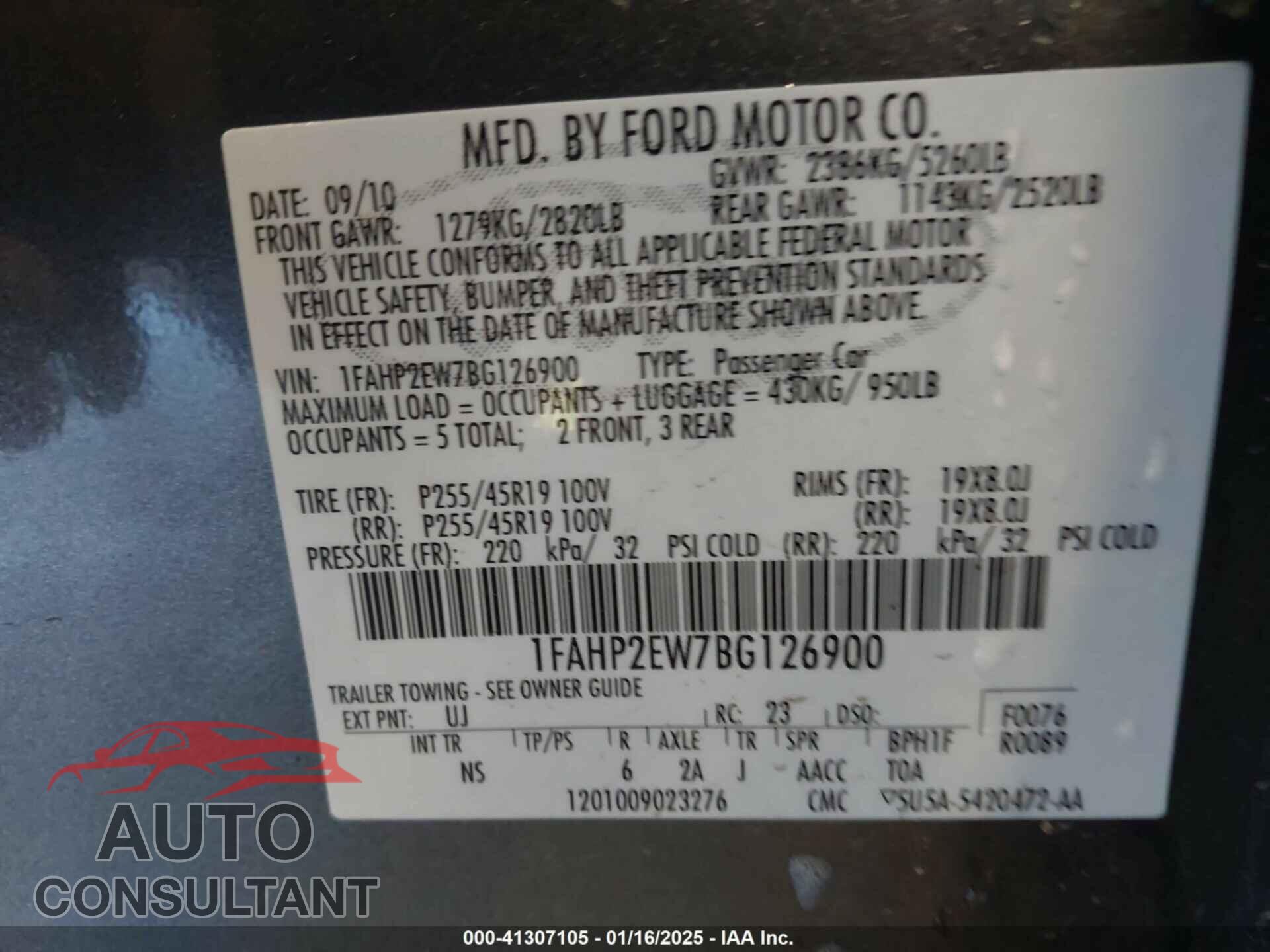FORD TAURUS 2011 - 1FAHP2EW7BG126900