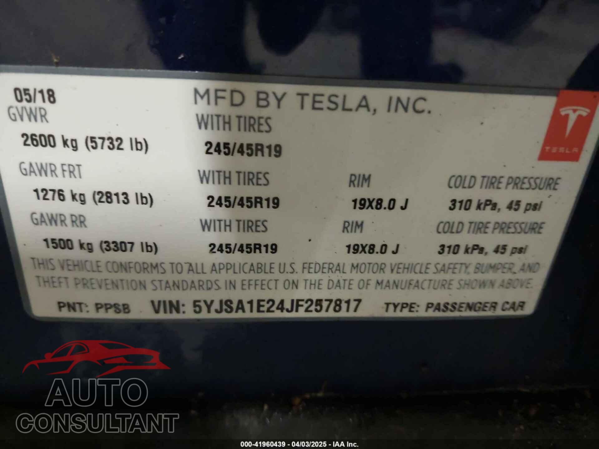 TESLA MODEL S 2018 - 5YJSA1E24JF257817