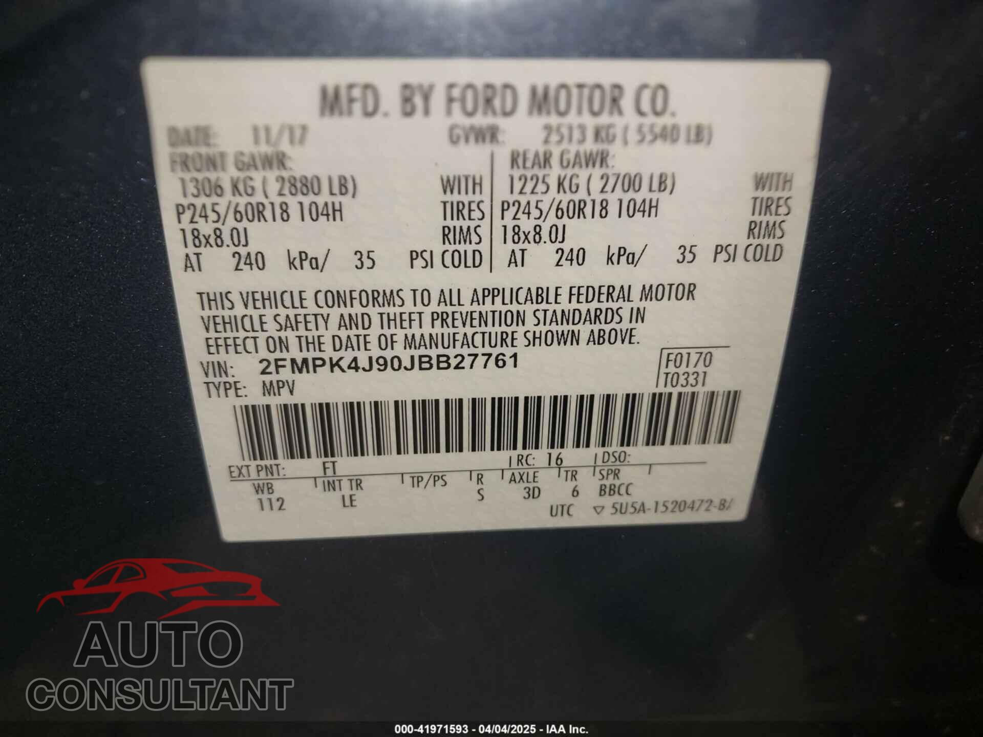 FORD EDGE 2018 - 2FMPK4J90JBB27761