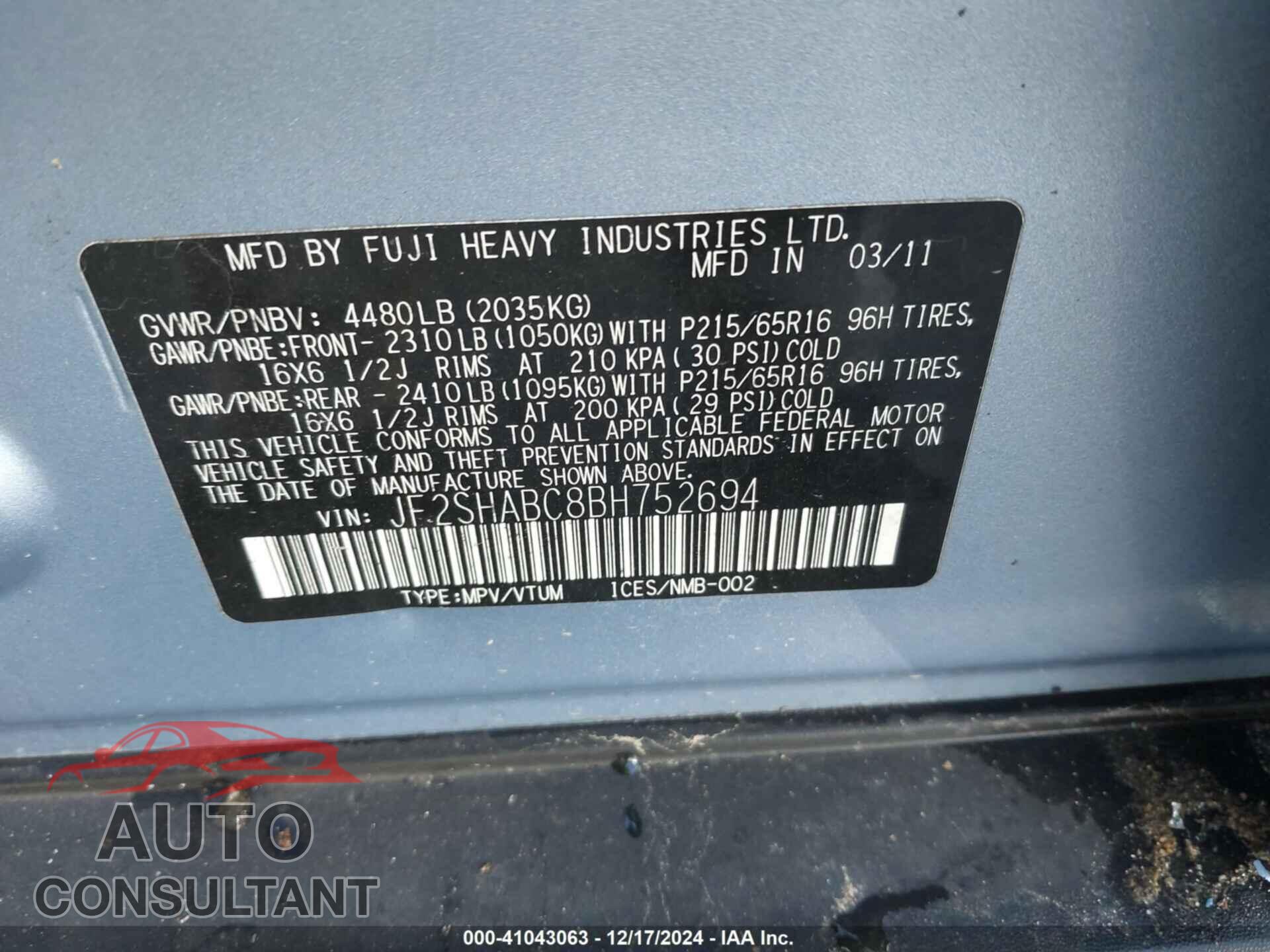 SUBARU FORESTER 2011 - JF2SHABC8BH752694