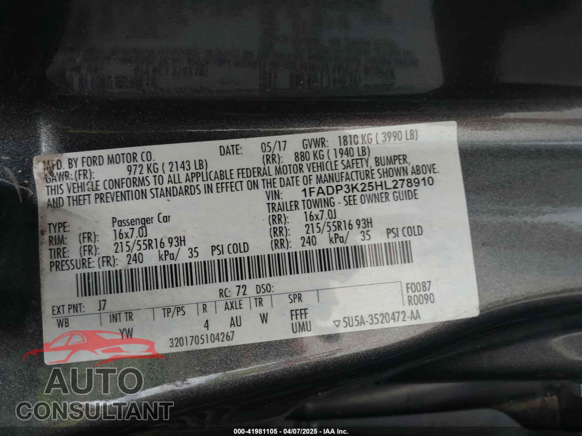 FORD FOCUS 2017 - 1FADP3K25HL278910