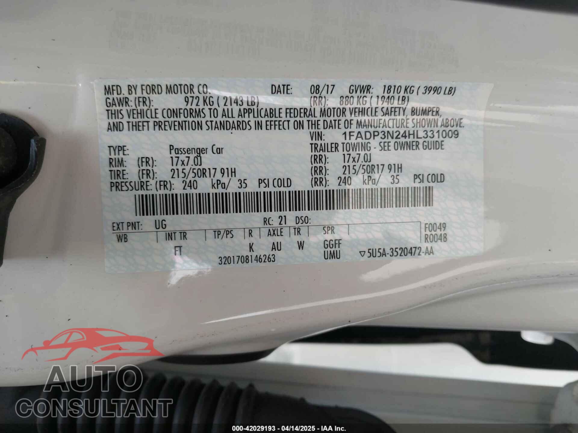 FORD FOCUS 2017 - 1FADP3N24HL331009