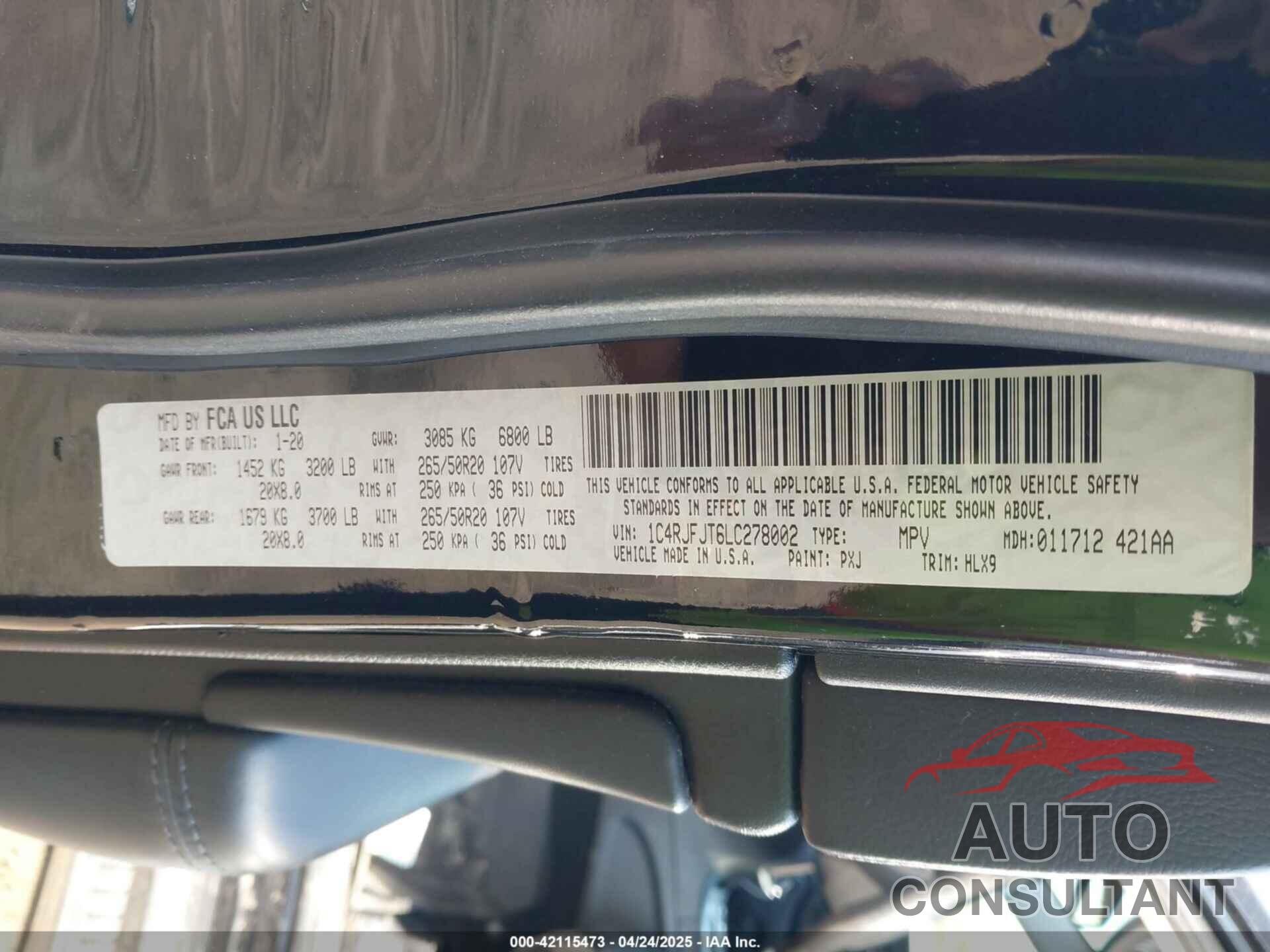 JEEP GRAND CHEROKEE 2020 - 1C4RJFJT6LC278002