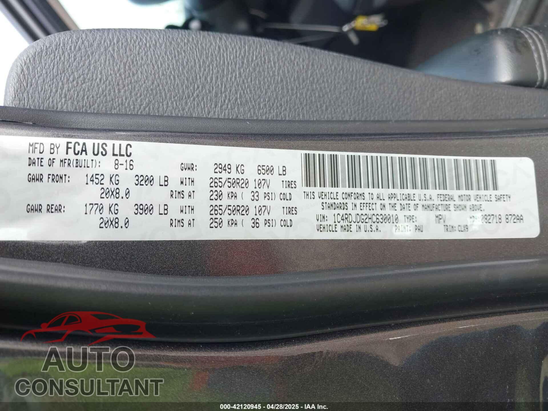 DODGE DURANGO 2017 - 1C4RDJDG2HC630010