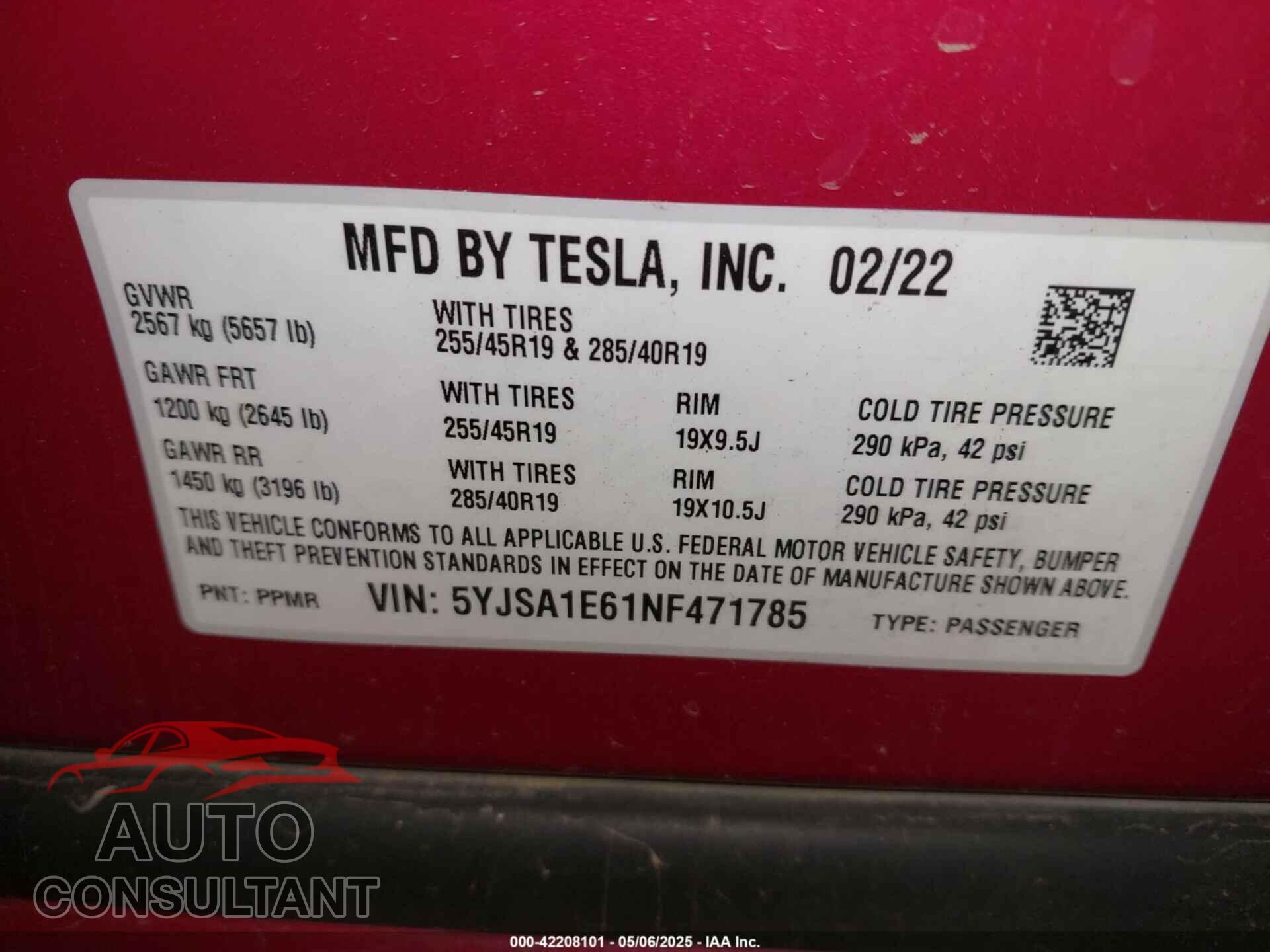 TESLA MODEL S 2022 - 5YJSA1E61NF471785