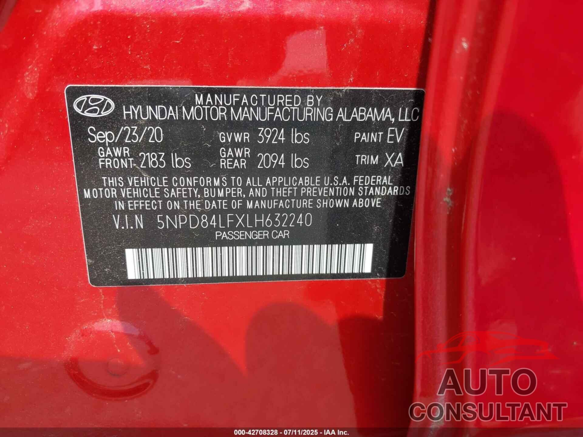 HYUNDAI ELANTRA 2020 - 5NPD84LFXLH632240