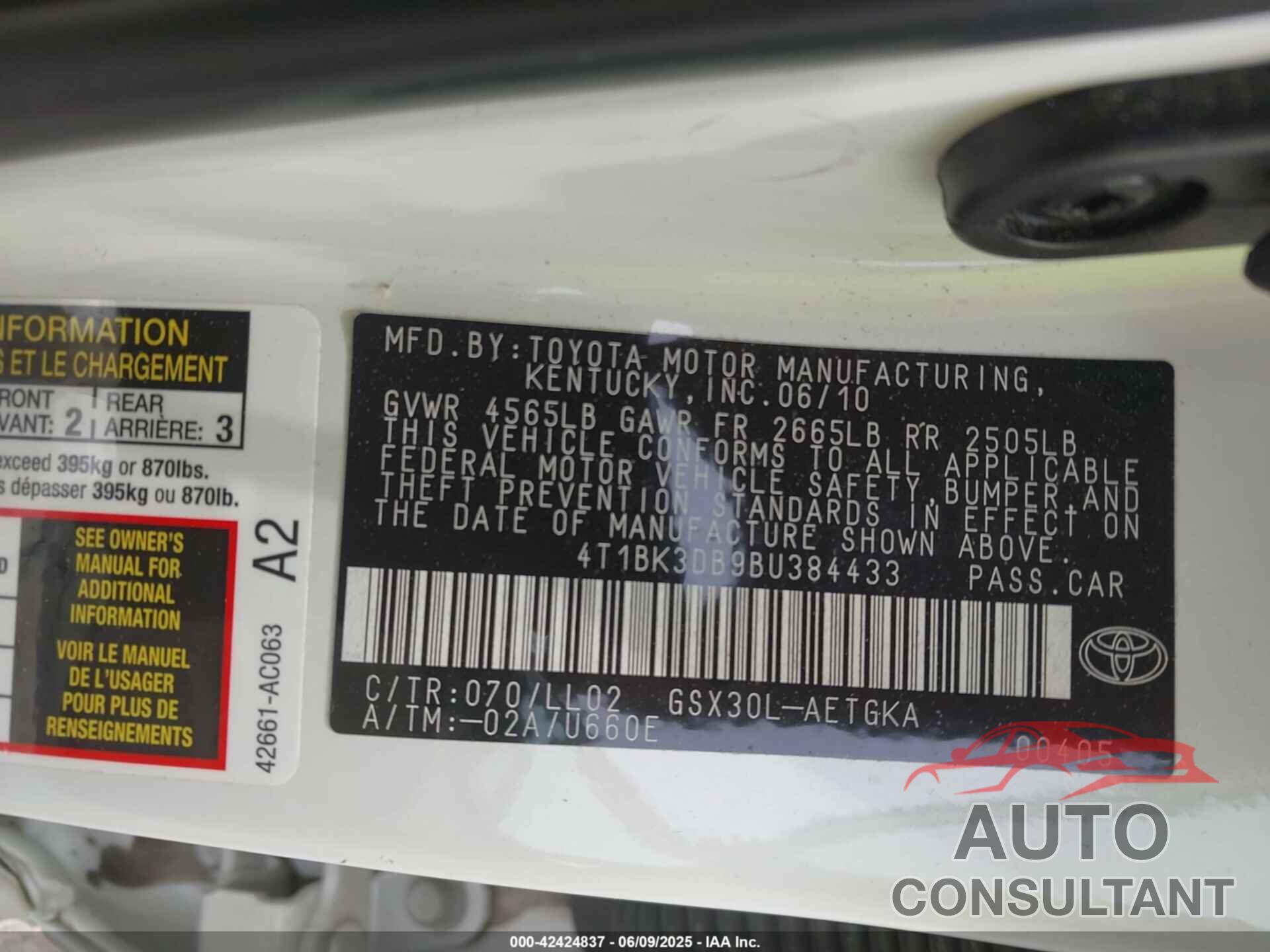 TOYOTA AVALON 2011 - 4T1BK3DB9BU384433